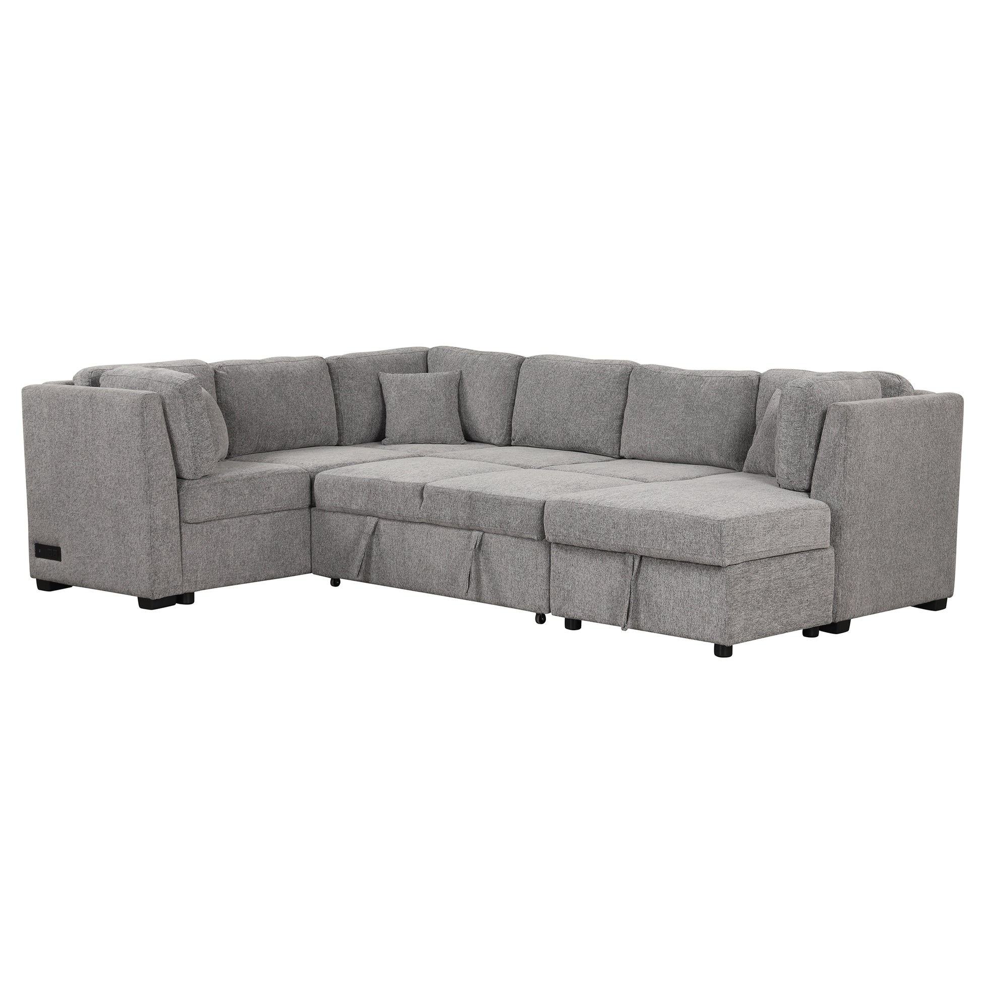 108.6" U Shaped Sectional Sofa Pull Out Sofa Bed With Two Usb Ports, Two Power Sockets, Three Back Pillows And A Storage Chaise For Living Room, Light Gray Light Gray Foam Chenille 5 Seat