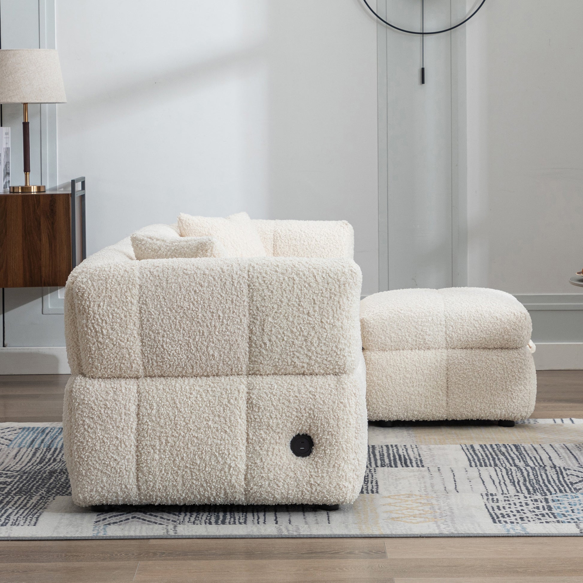 87.7" Sectional Sofa Cozy Teddy Fleece Fabric Sectional Sofa Couch With Two Usb Ports A Movable Storage Ottoman And Two Lumbar Pillows For Living Room, Creamy White Creamy White Foam Teddy