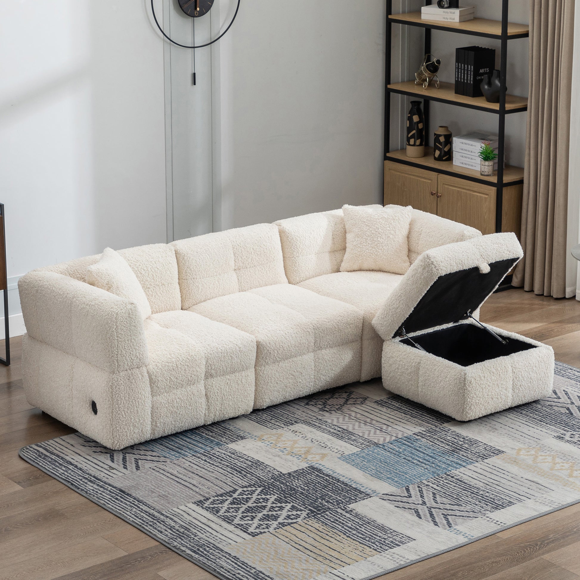 87.7" Sectional Sofa Cozy Teddy Fleece Fabric Sectional Sofa Couch With Two Usb Ports A Movable Storage Ottoman And Two Lumbar Pillows For Living Room, Creamy White Creamy White Foam Teddy