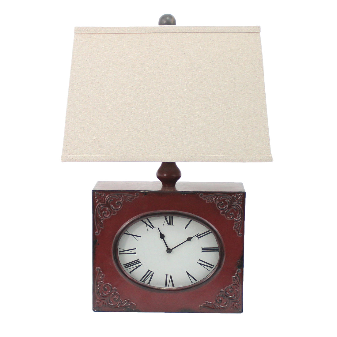 Clock Design Metal Table Lamp With Tapered Shade, Red And Beige Red Fabric Metal