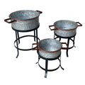 21, 18, And 16 Inch 3 Piece Round Tub Metal Planter Set With Stand In Galvanized Gray And Black Iron Black Gray Iron