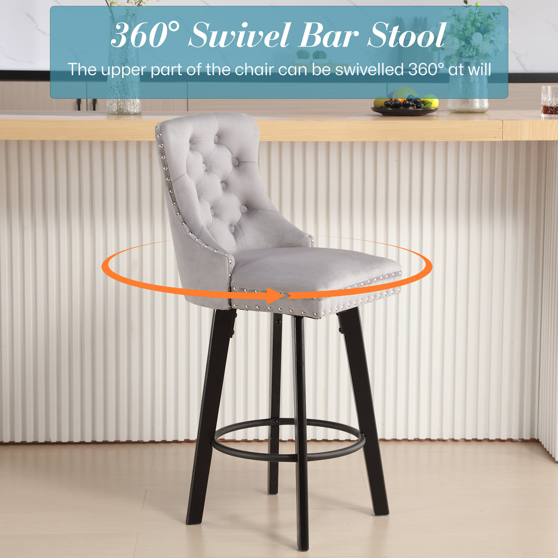 Ts Modern Swivel Bar Stools Velvet Barstools Button Tufted Bar Stools Rivet Trim Bar Stools For Kitchen Island,Bistro, With Metal Pull Ring Sturdy Footrest Large Backrest For Home Bar,Gray Gray Velvet