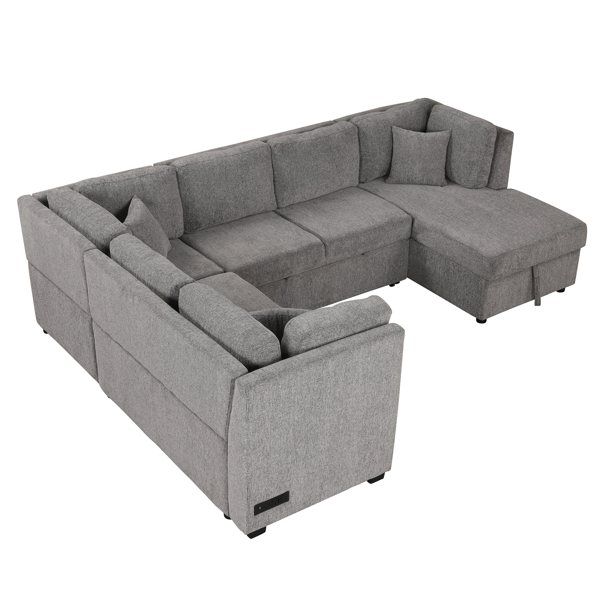 108.6" U Shaped Sectional Sofa Pull Out Sofa Bed With Two Usb Ports, Two Power Sockets, Three Back Pillows And A Storage Chaise For Living Room, Light Gray Light Gray Foam Chenille 5 Seat