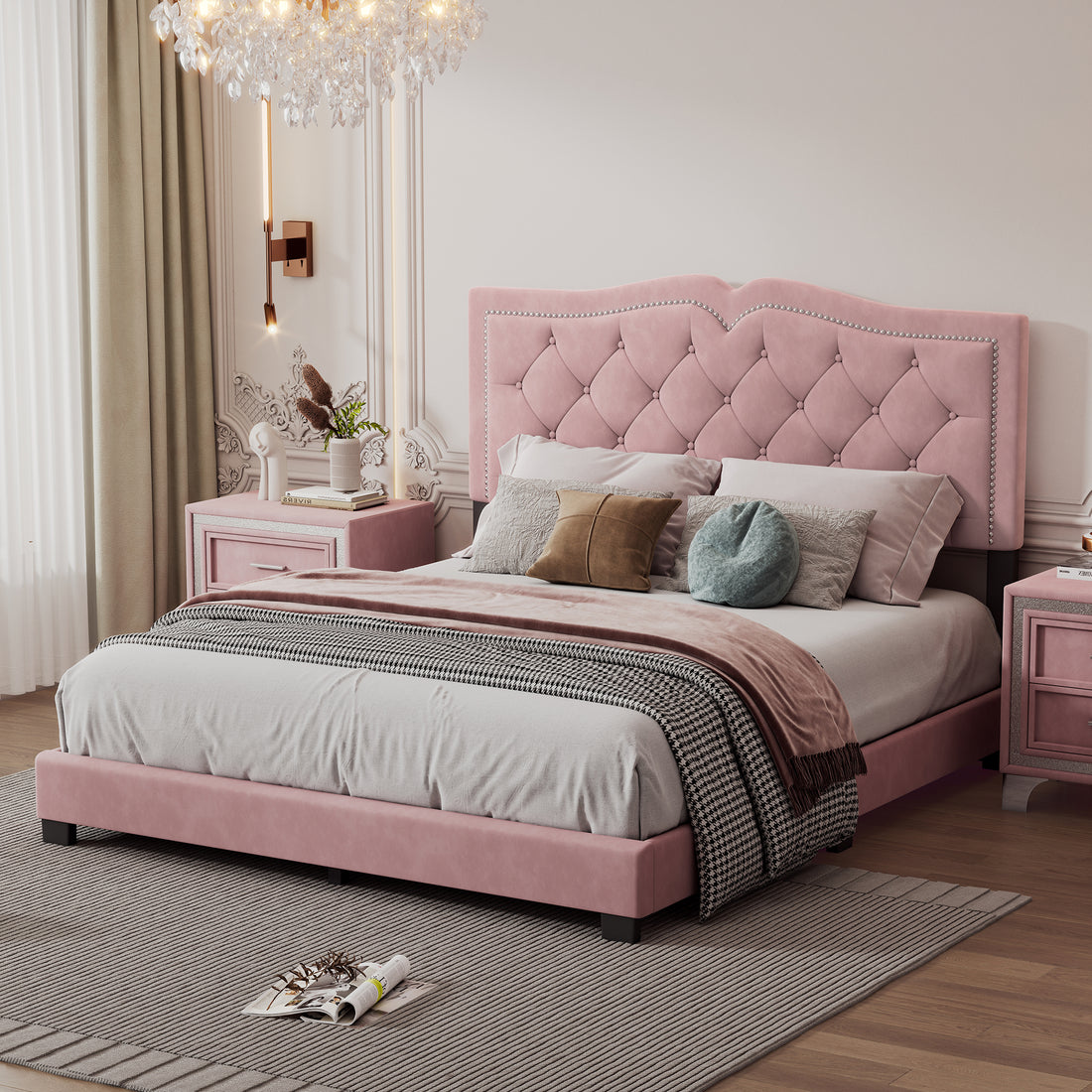 Queen Size Upholstered Bed Frame With Rivet Design, Modern Velvet Platform Bed With Tufted Headboard,Pink Pink Velvet