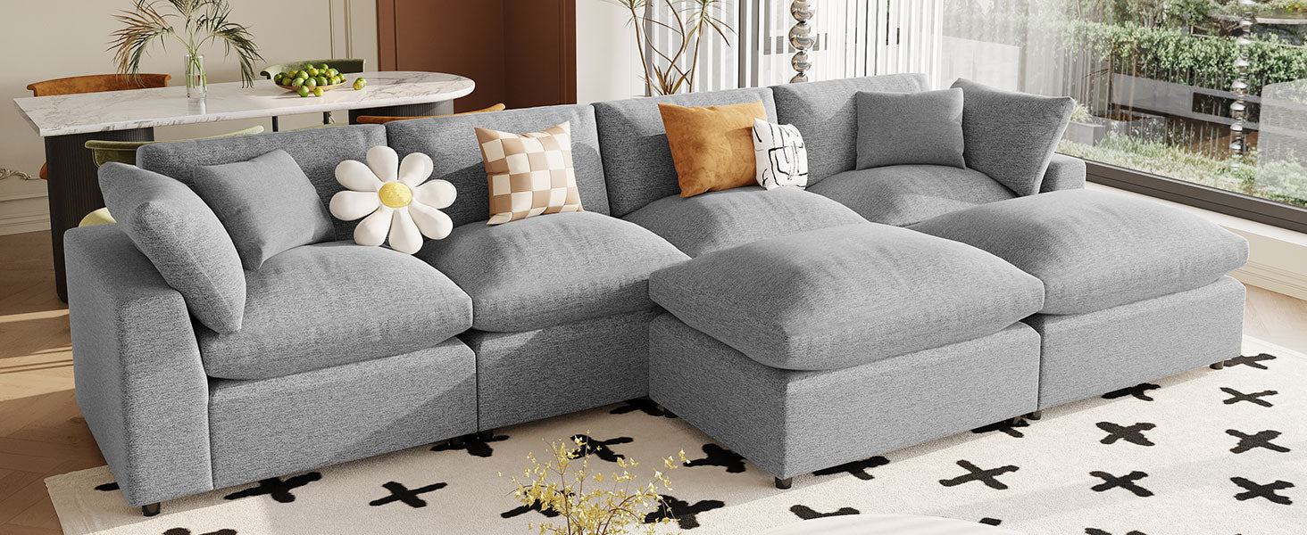 Modern Large U Shape Sectional Sofa, 2 Large Chaise With Removable Ottomans For Living Room Grey Polyester Primary Living Space Pillow Back American Design Polyester 6 Seat