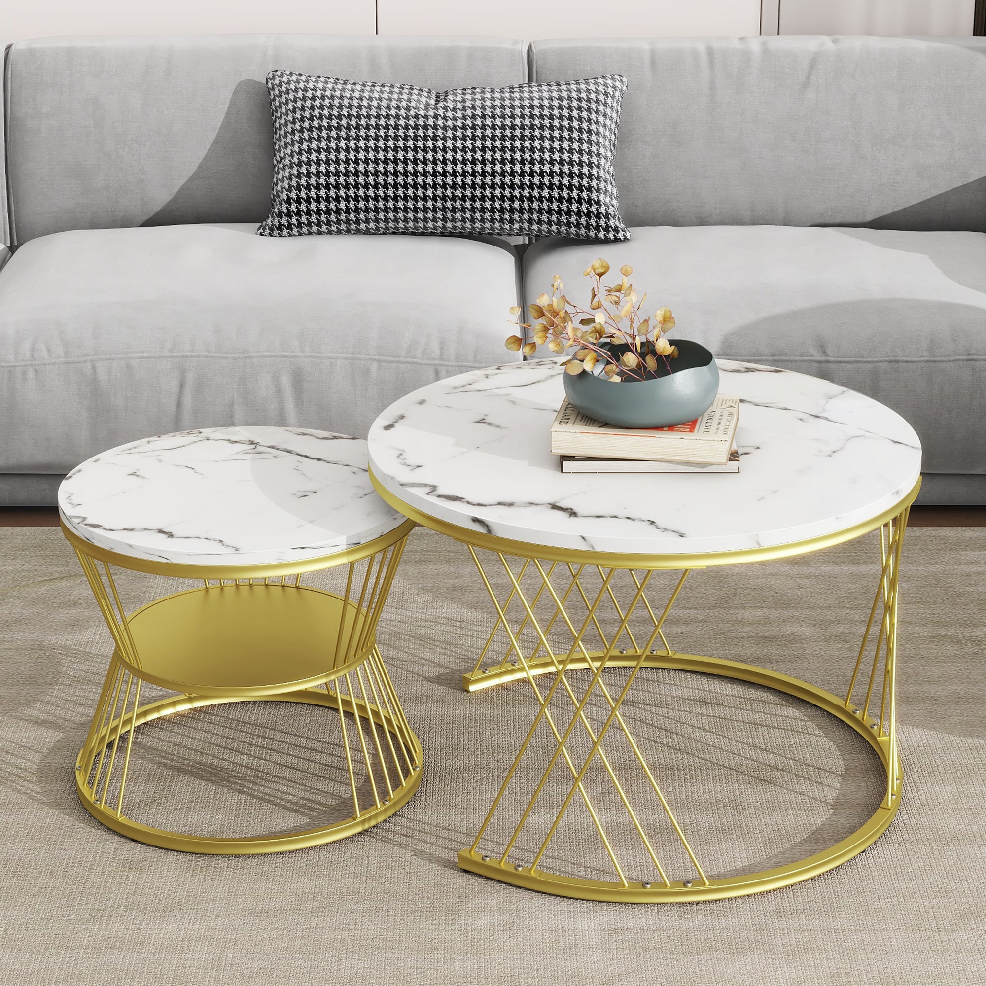 27.5'' & 17.7'' Nesting Coffee Table With Marble Grain Table Top, Golden Iron Frame Round Coffee Table, Set Of 2, For Living Room, Balcony, White White Gold Primary Living Space Mdf Iron