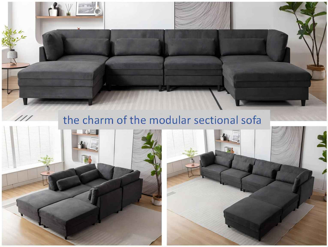 Oversized Modular Sectional Fabric Sofa Set With 6Pcs Pillows, Extra Large U Shaped Couch With Reversible Chaise, 145 Inch Long, 6 Seat Modular Sofa With Ottamans Dark Gray Light Brown Polyester Wood Primary Living Space Medium Soft Cushion Back Modern