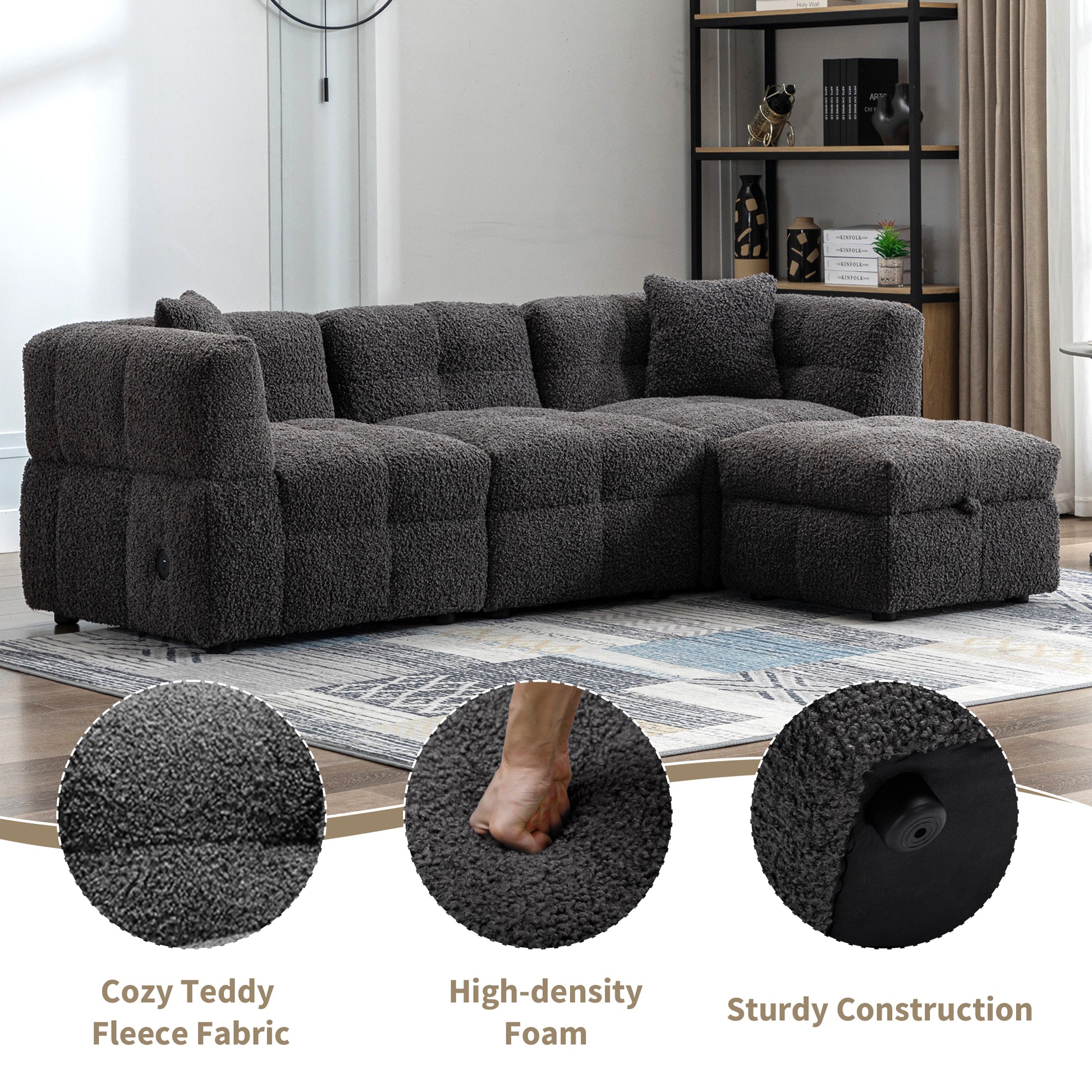 87.7" Sectional Sofa Cozy Teddy Fleece Fabric Sectional Sofa Couch With Two Usb Ports A Movable Storage Ottoman And Two Lumbar Pillows For Living Room, Gray Gray Foam Teddy 4 Seat