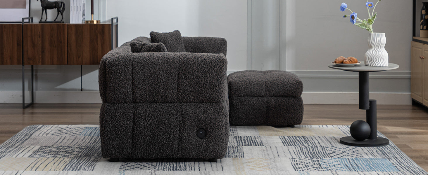 87.7" Sectional Sofa Cozy Teddy Fleece Fabric Sectional Sofa Couch With Two Usb Ports A Movable Storage Ottoman And Two Lumbar Pillows For Living Room, Gray Gray Foam Teddy 4 Seat