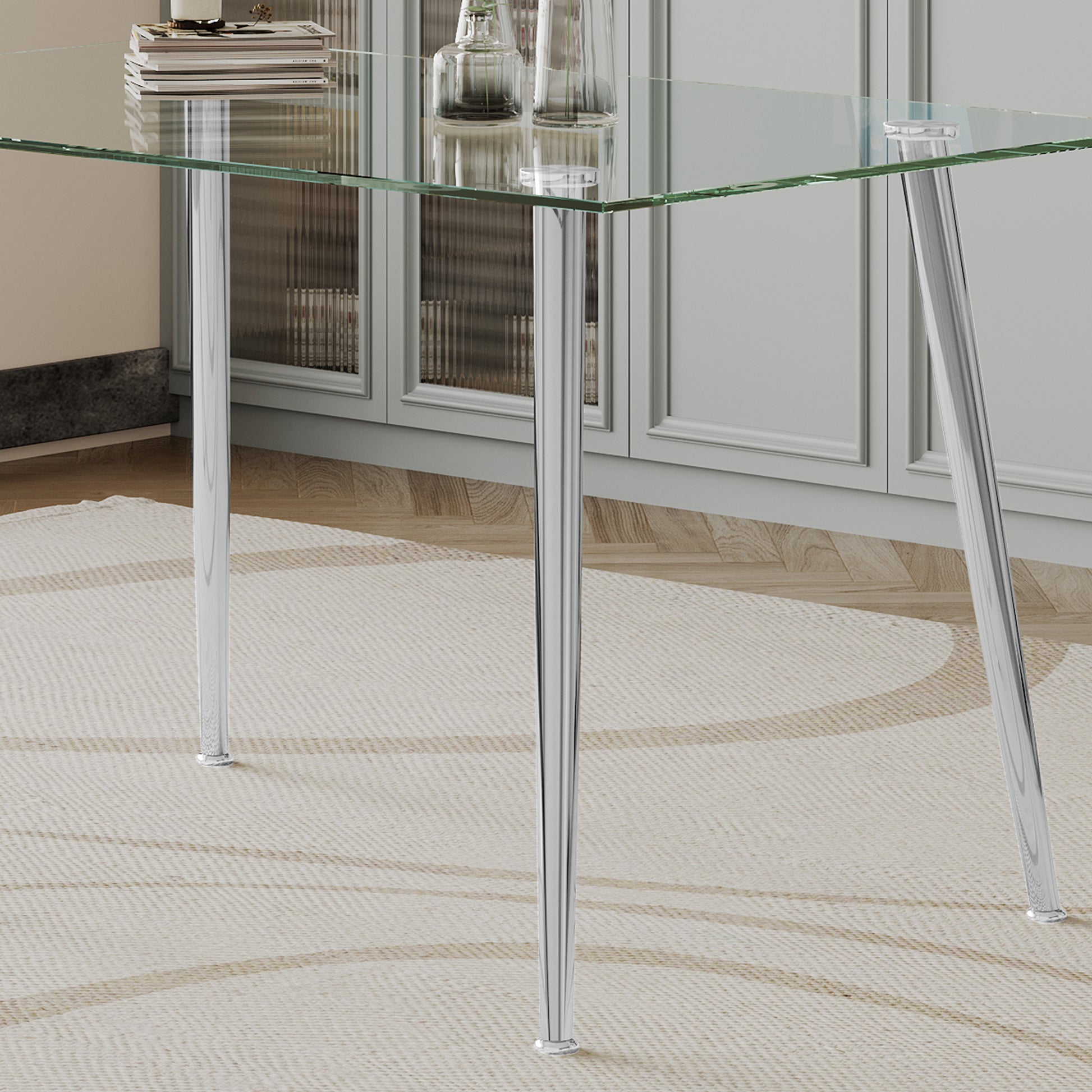 0.32" Thick Tempered Glass Top Dining Table With Silver Stainless Steel Legs Silver Tempered Glass