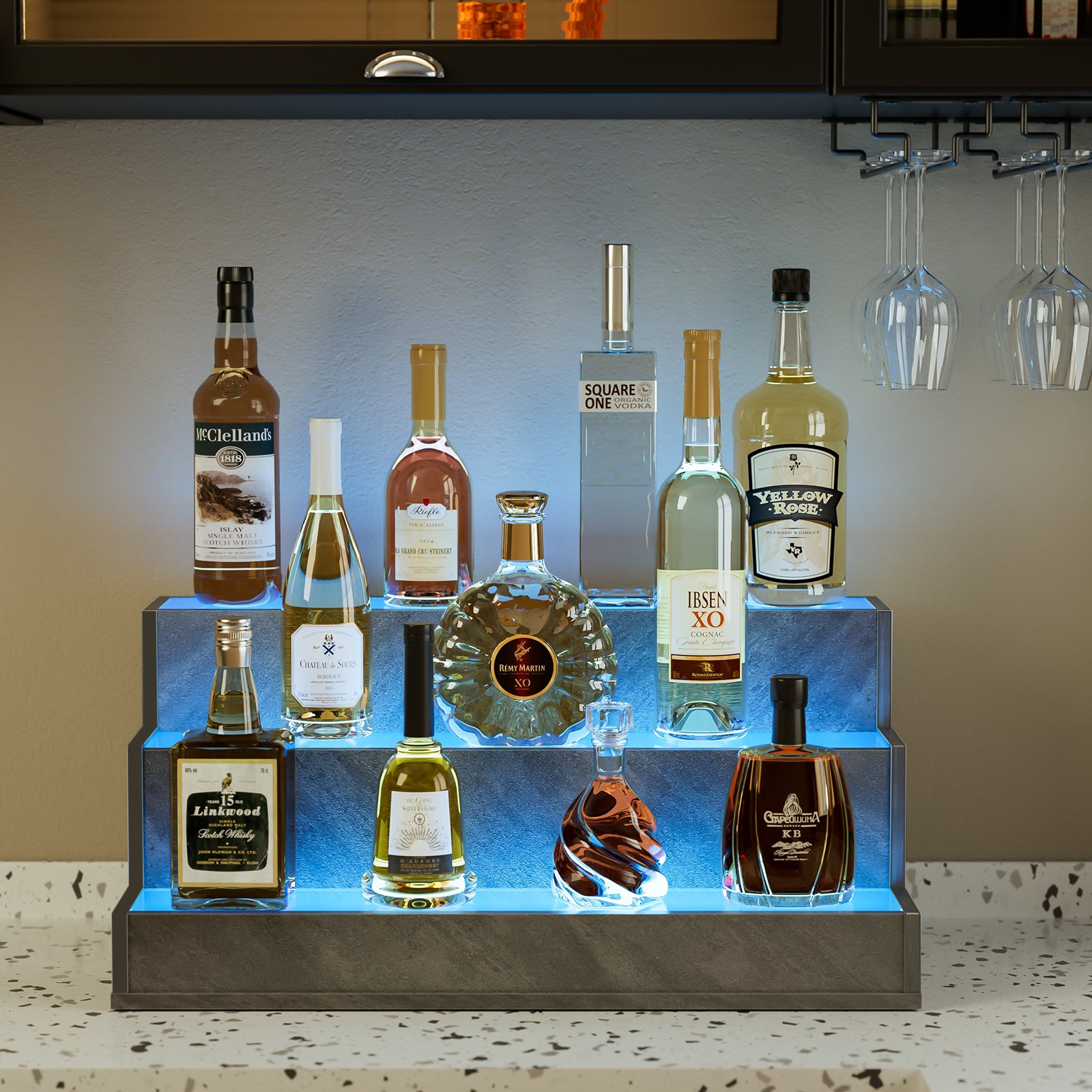 Led Lighted Liquor Bottle Display Shelf, 24 Inch Bar Display Shelf, Diy Illuminated Bottle Shelf With App & Remote Control, 3 Step Freestanding Holding Bottles For Home Bar, Party, Grey Grey Kitchen Modern Engineered Wood