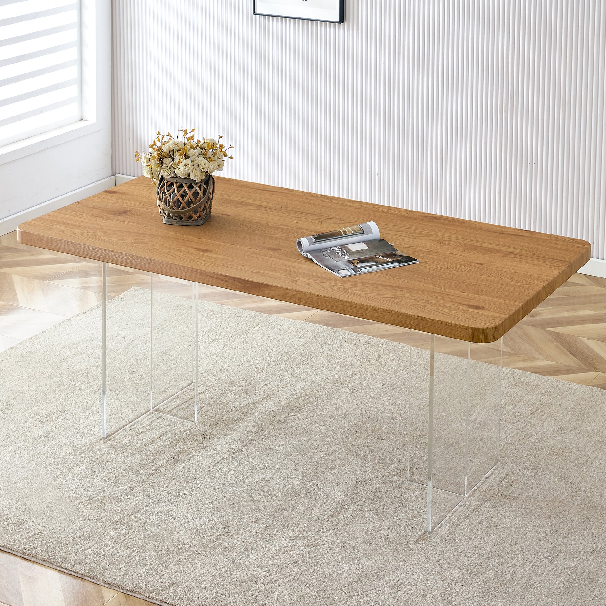 A Modern Minimalist Wooden Table With Acrylic Legs And Rectangular Tables. Computer Desk. Dining Table. Suitable For Restaurants, Living Rooms, And Kitchens. F 1298 Wood Mdf