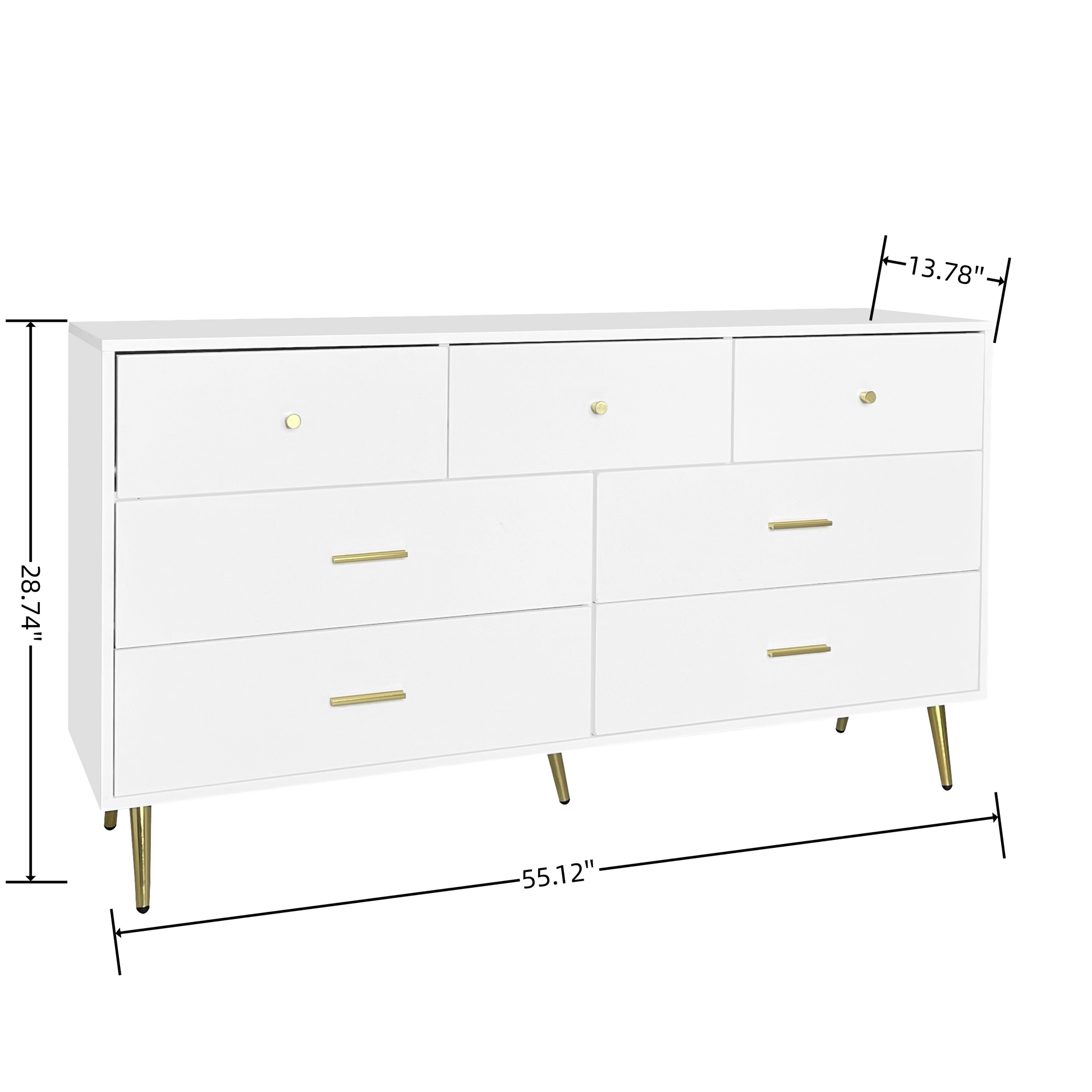 Seven Drawers Large Chest Of Drawer Cabinet With Golden Handle And Golden Legs White Color Matte White Particle Board