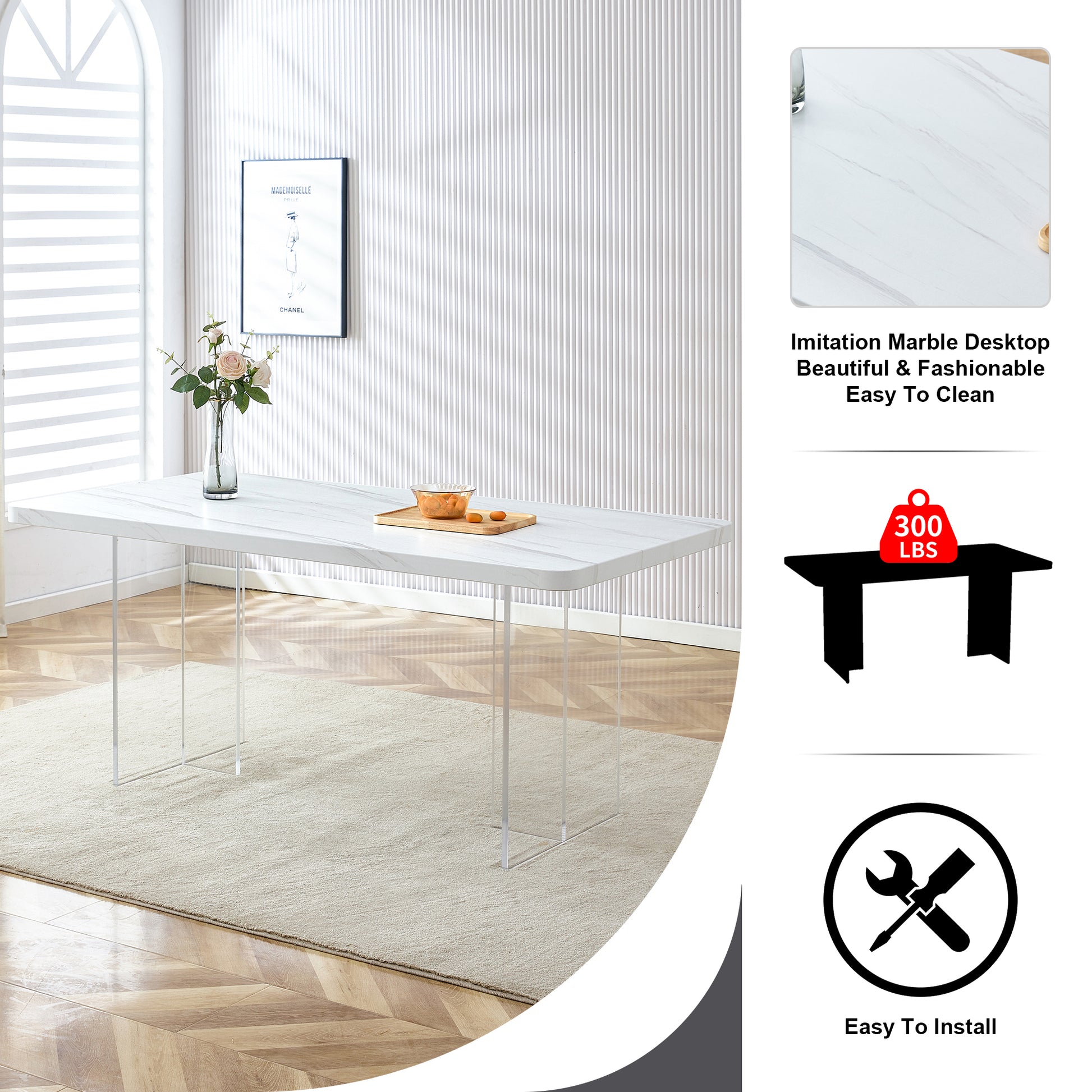 Modern Minimalist White Dining Table, Striped Mdf Tabletop, Acrylic Table Legs. Computer Desk. Dining Table. Suitable For Restaurants, Living Rooms, And Kitchens. F 1298 White Mdf