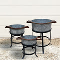 21, 18, And 16 Inch 3 Piece Round Tub Metal Planter Set With Stand In Galvanized Gray And Black Iron Black Gray Iron