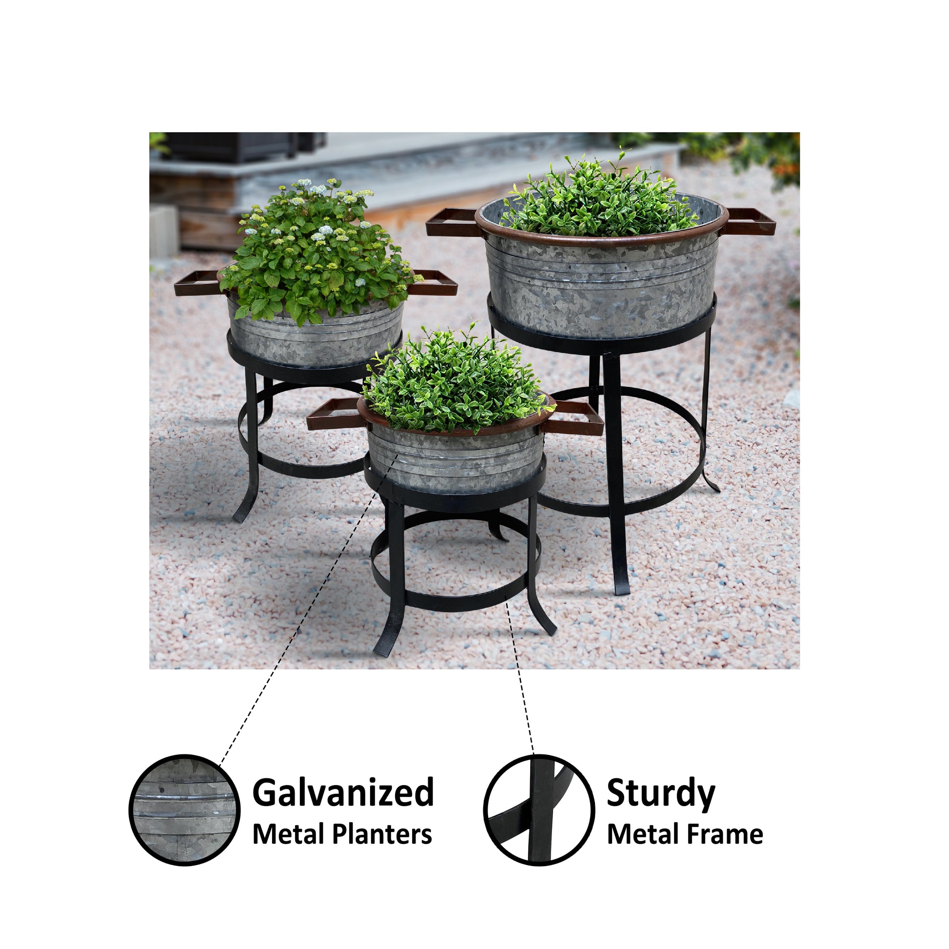 21, 18, And 16 Inch 3 Piece Round Tub Metal Planter Set With Stand In Galvanized Gray And Black Iron Black Gray Iron