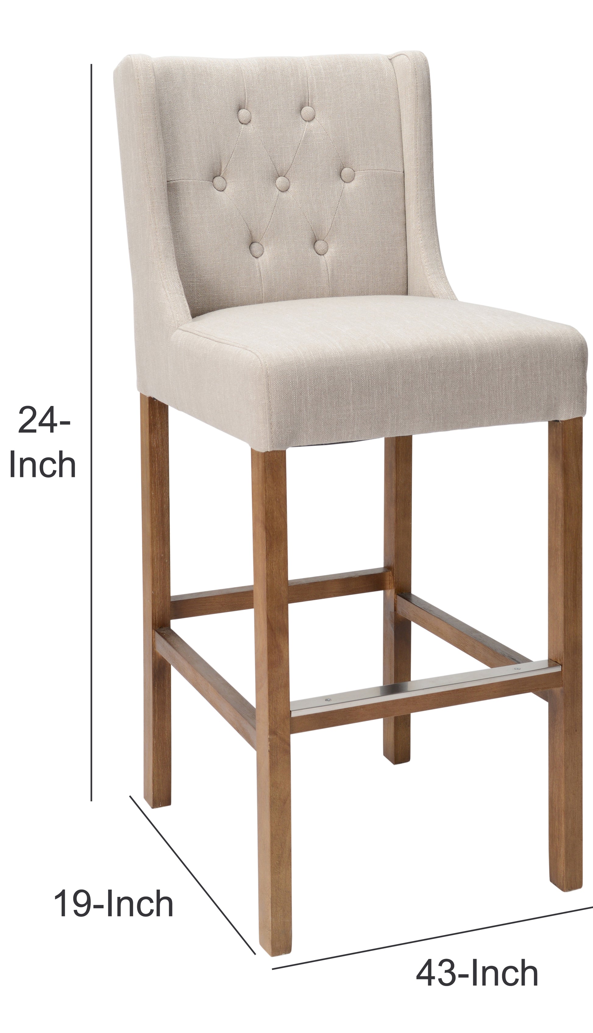 Wooden Barstool With Padded Seat, Button Tufted, Wing Back, Set Of 2, Beige And Brown Beige Brown Wood Fabric