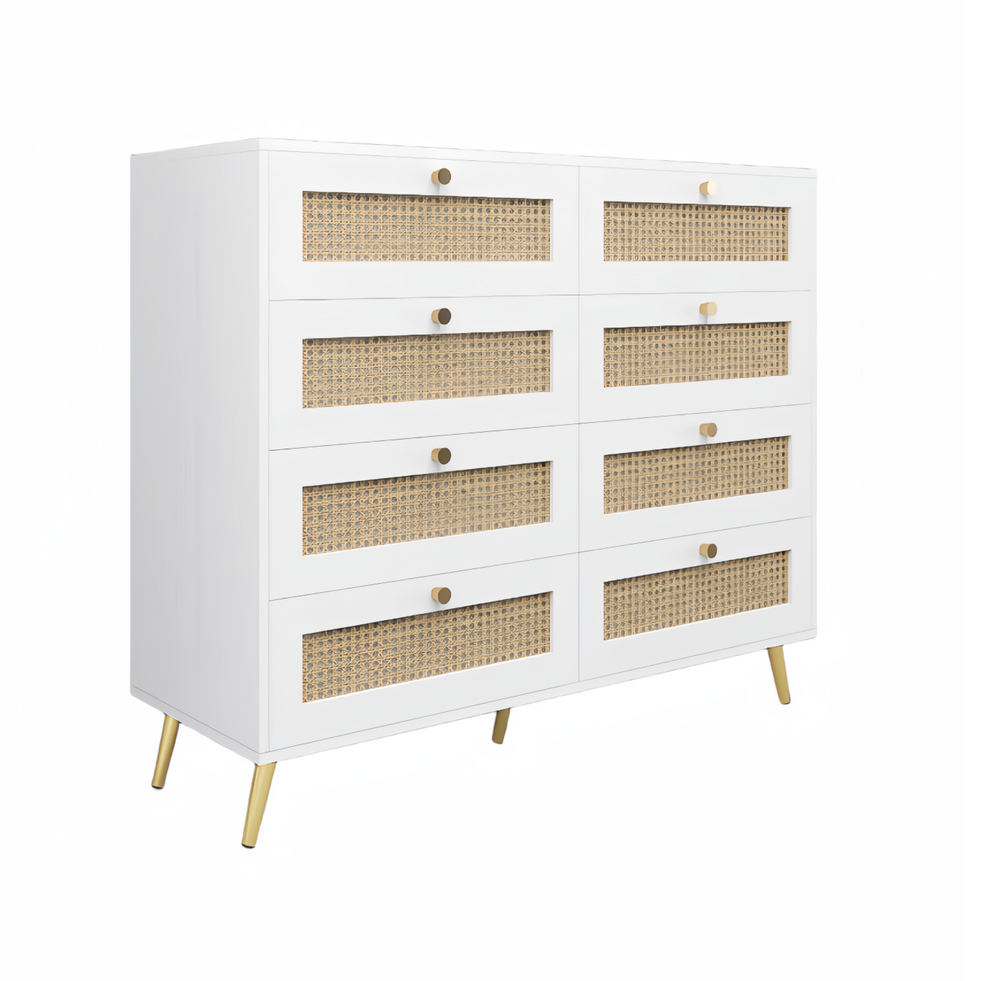 White Color 8 Drawers Chest Of Drawers With Rattan Drawer Face Golden Legs And Handles White White Bedroom Rosewood Wood Rattan