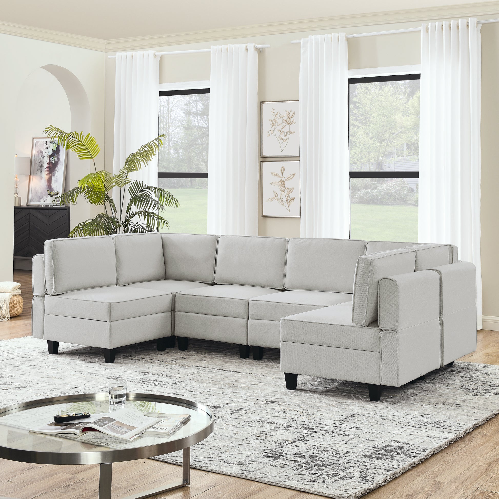 110.2"*78.7" Linen Modular Sectional Sofa,U Shaped Couch With Adjustable Armrests And Backrests,6 Seat Reversible Sofa Bed With Storage Seats For Living Room, Apartment,Grey White Color Gray White Matte Linen Wood Primary Living Space Medium Soft Cushion