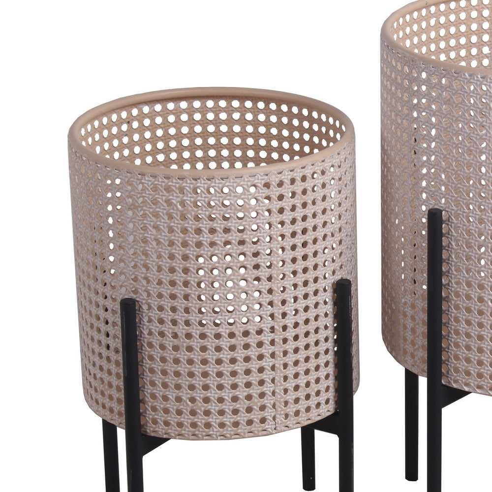 Lattice Round Metal Planter With Tubular Base, Set Of 3, Black And Beige Beige Black Metal