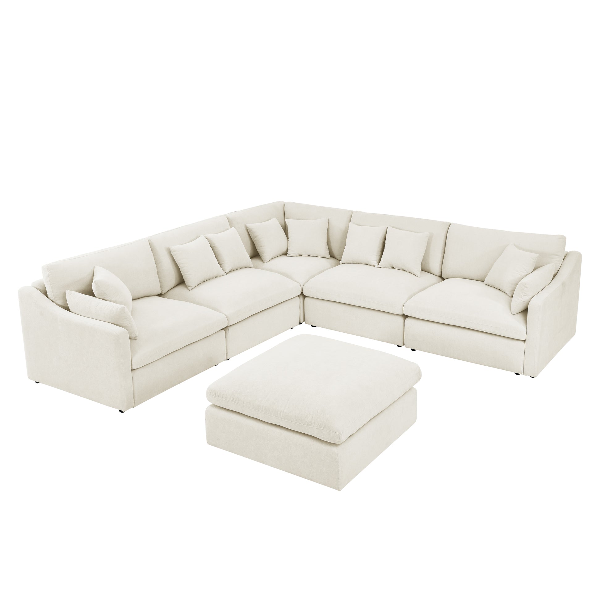 6 Seats Modular L Shaped Sectional Sofa With Ottoman,10 Pillows, Oversized Upholstered Couch W Removabled Down Filled Seat Cushion For Living Room, Chenille Beige Beige Chenille Wood Primary Living Space Soft Pillow Back Eucalyptus Square Arms Foam