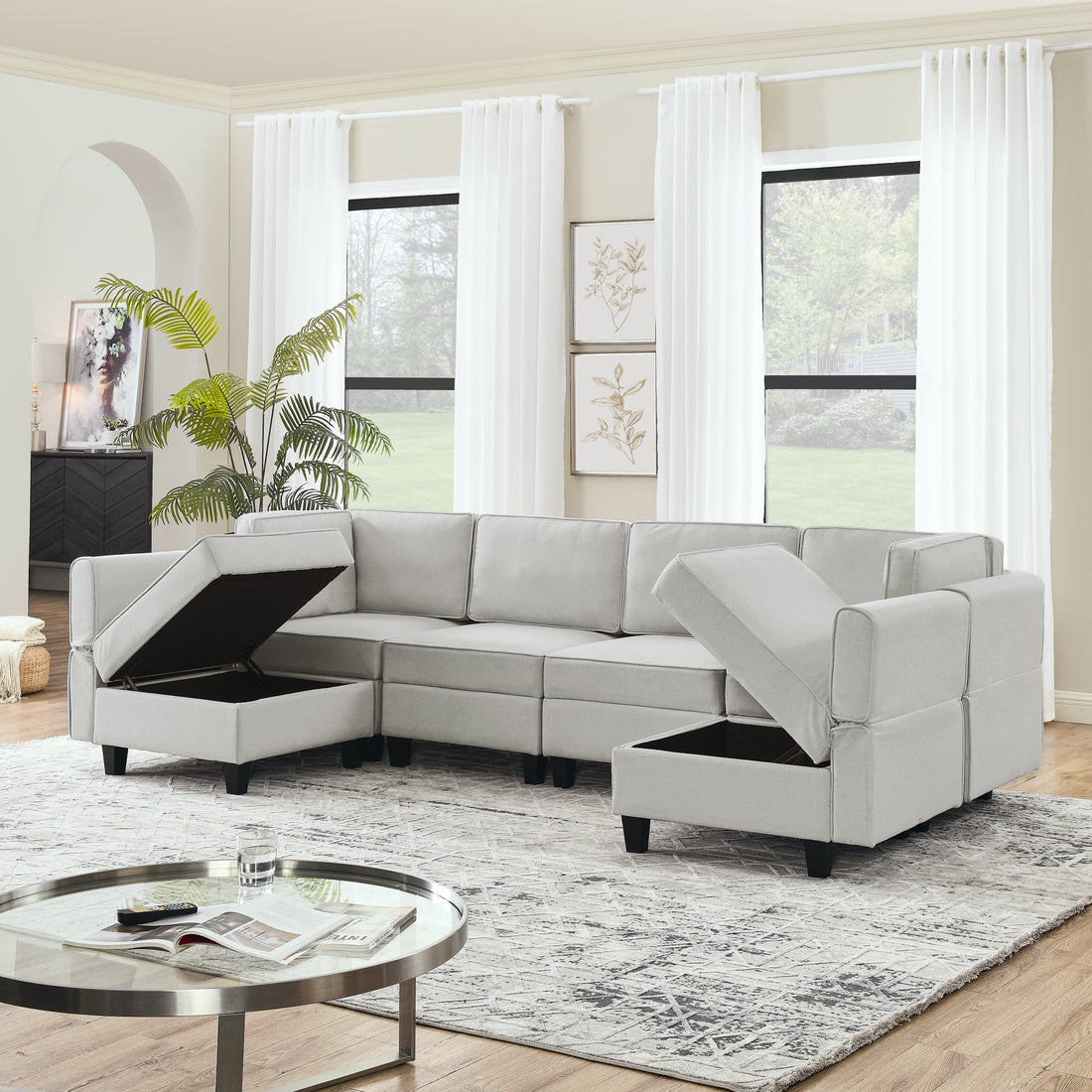 110.2"*78.7" Linen Modular Sectional Sofa,U Shaped Couch With Adjustable Armrests And Backrests,6 Seat Reversible Sofa Bed With Storage Seats For Living Room, Apartment,Grey White Color Gray White Matte Linen Wood Primary Living Space Medium Soft Cushion