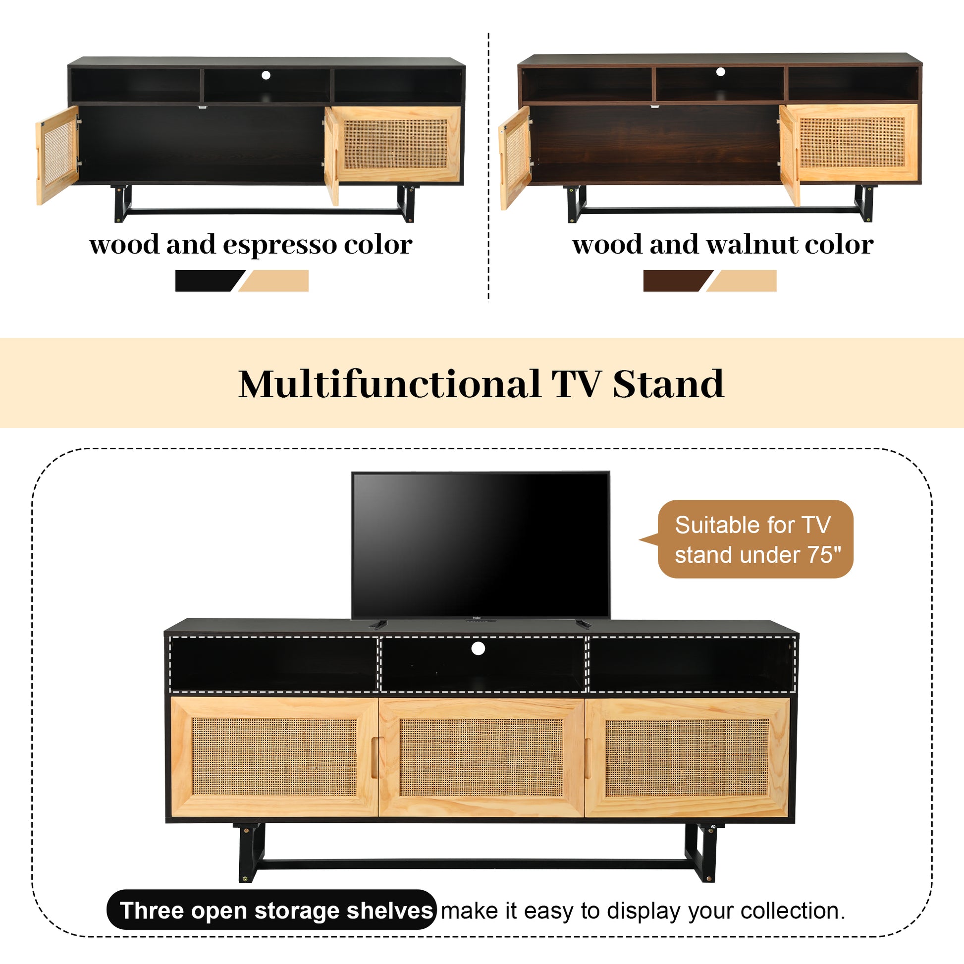 Retro Rattan Console Table 3 Door Tv Stand Media Console With Open Shelves For Tv Stand Under 75'' Espresso Espresso Mdf