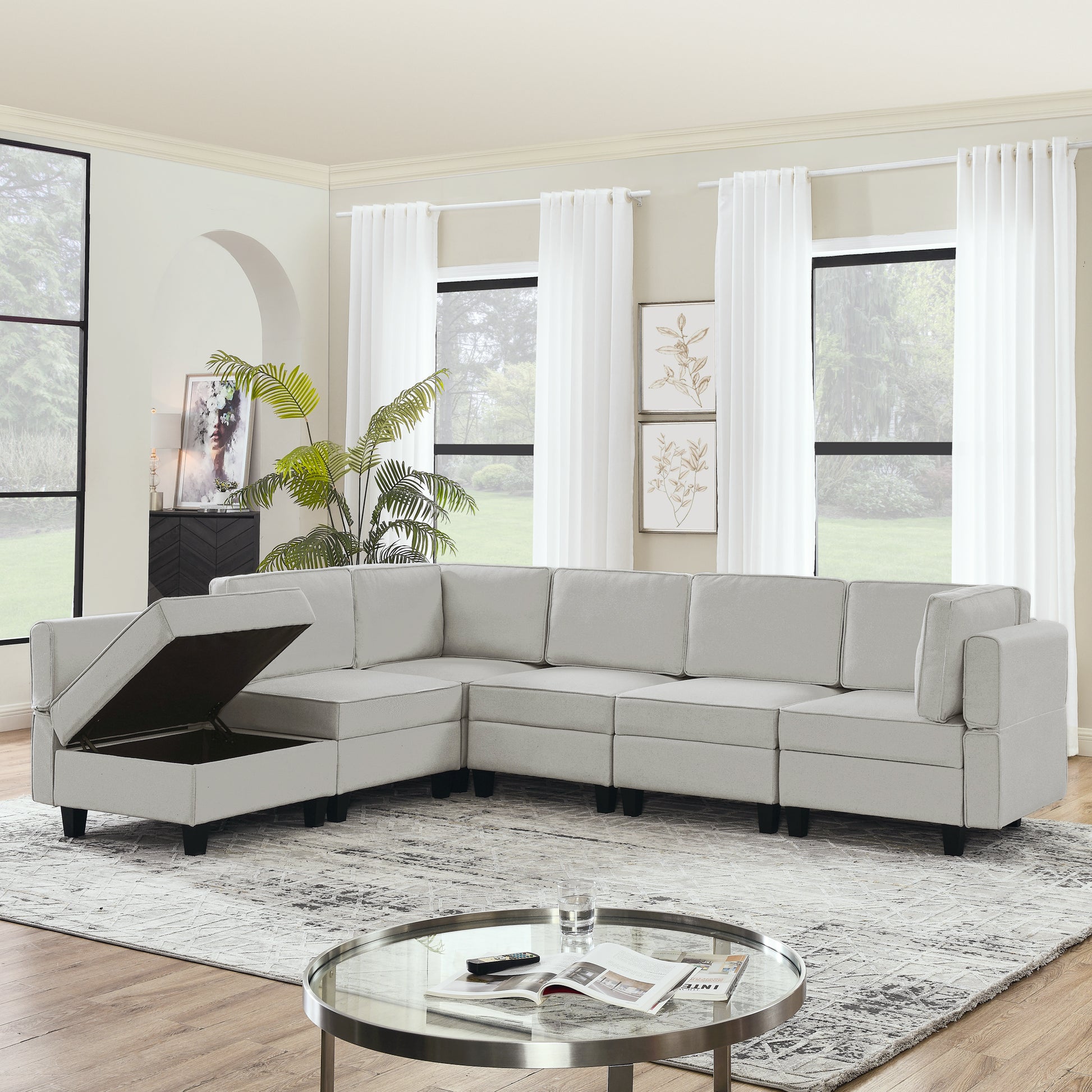 110.2"*78.7" Linen Modular Sectional Sofa,U Shaped Couch With Adjustable Armrests And Backrests,6 Seat Reversible Sofa Bed With Storage Seats For Living Room, Apartment,Grey White Color Gray White Matte Linen Wood Primary Living Space Medium Soft Cushion