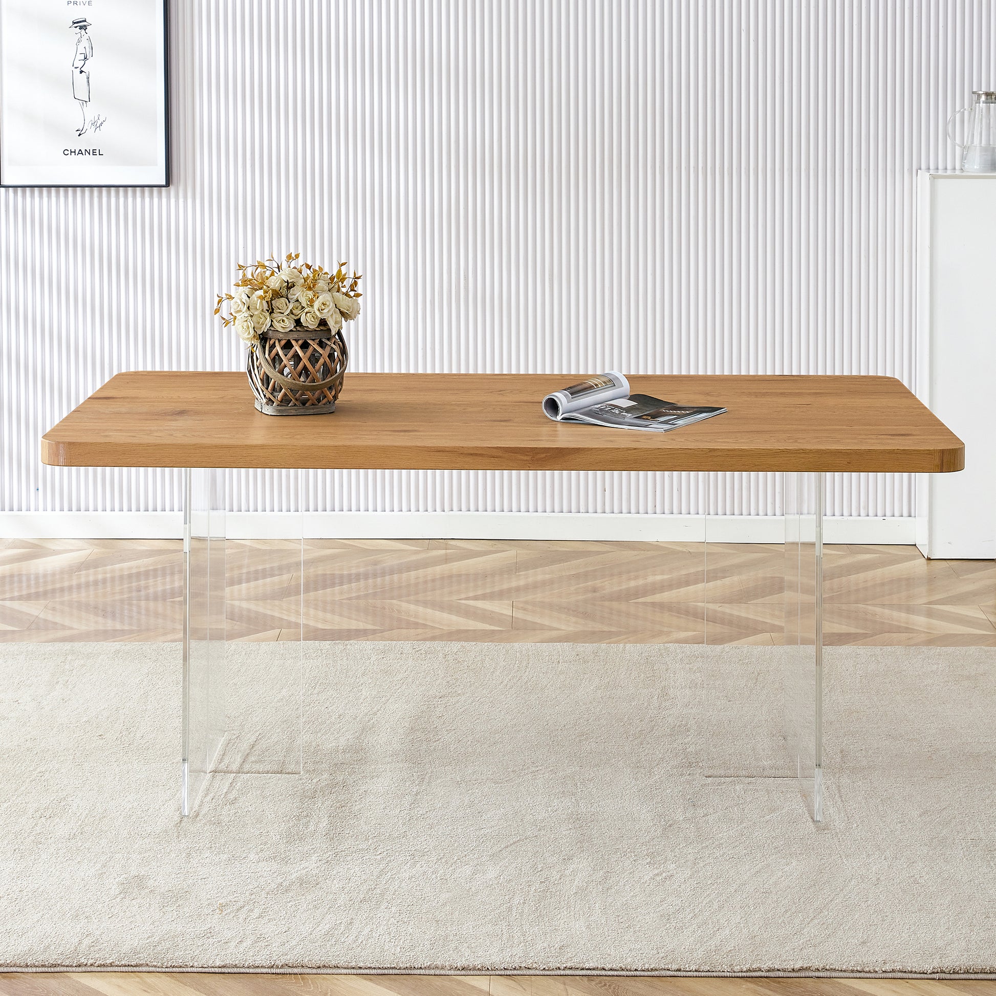 A Modern Minimalist Wooden Table With Acrylic Legs And Rectangular Tables. Computer Desk. Dining Table. Suitable For Restaurants, Living Rooms, And Kitchens. F 1298 Wood Mdf