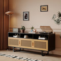 Retro Rattan Console Table 3 Door Tv Stand Media Console With Open Shelves For Tv Stand Under 75'' Espresso Espresso Mdf