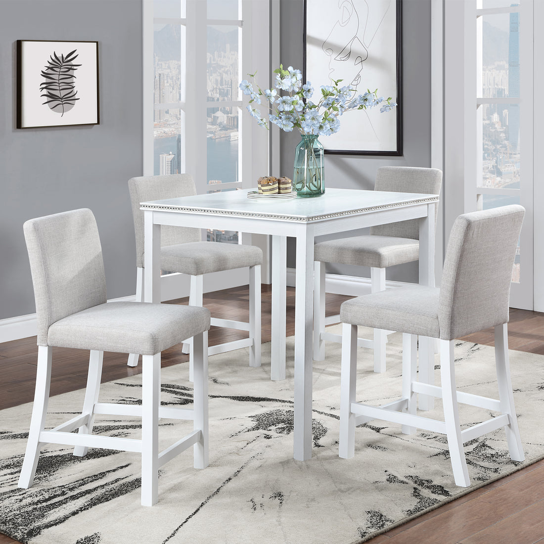5 Piece Counter Height Table Set, Wooden Kitchen Table Set With Square Table And 4 Upholstered Chairs, Counter Height Dining Table With Crystal Decoration And Chair Set For Kitchen, Dining Room,White Beige White Seats 4 Dining Room 4 Leg Square Dining
