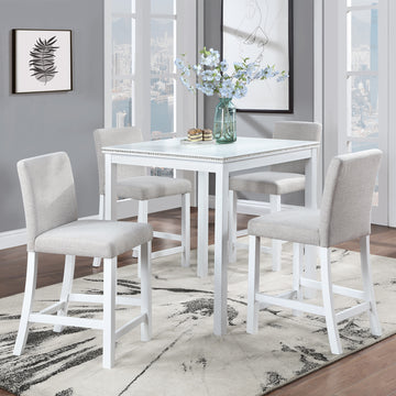 5 Piece Counter Height Table Set, Wooden Kitchen Table Set With Square Table And 4 Upholstered Chairs, Counter Height Dining Table With Crystal Decoration And Chair Set For Kitchen, Dining Room,White Beige White Seats 4 Dining Room 4 Leg Square Dining