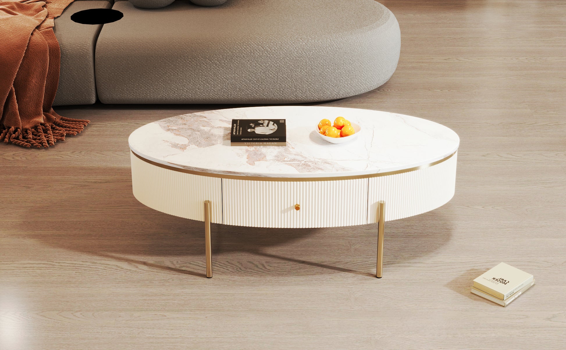 Modern Oval Coffee Table With 2 Large Drawers Storage Accent Table Off White Mdf