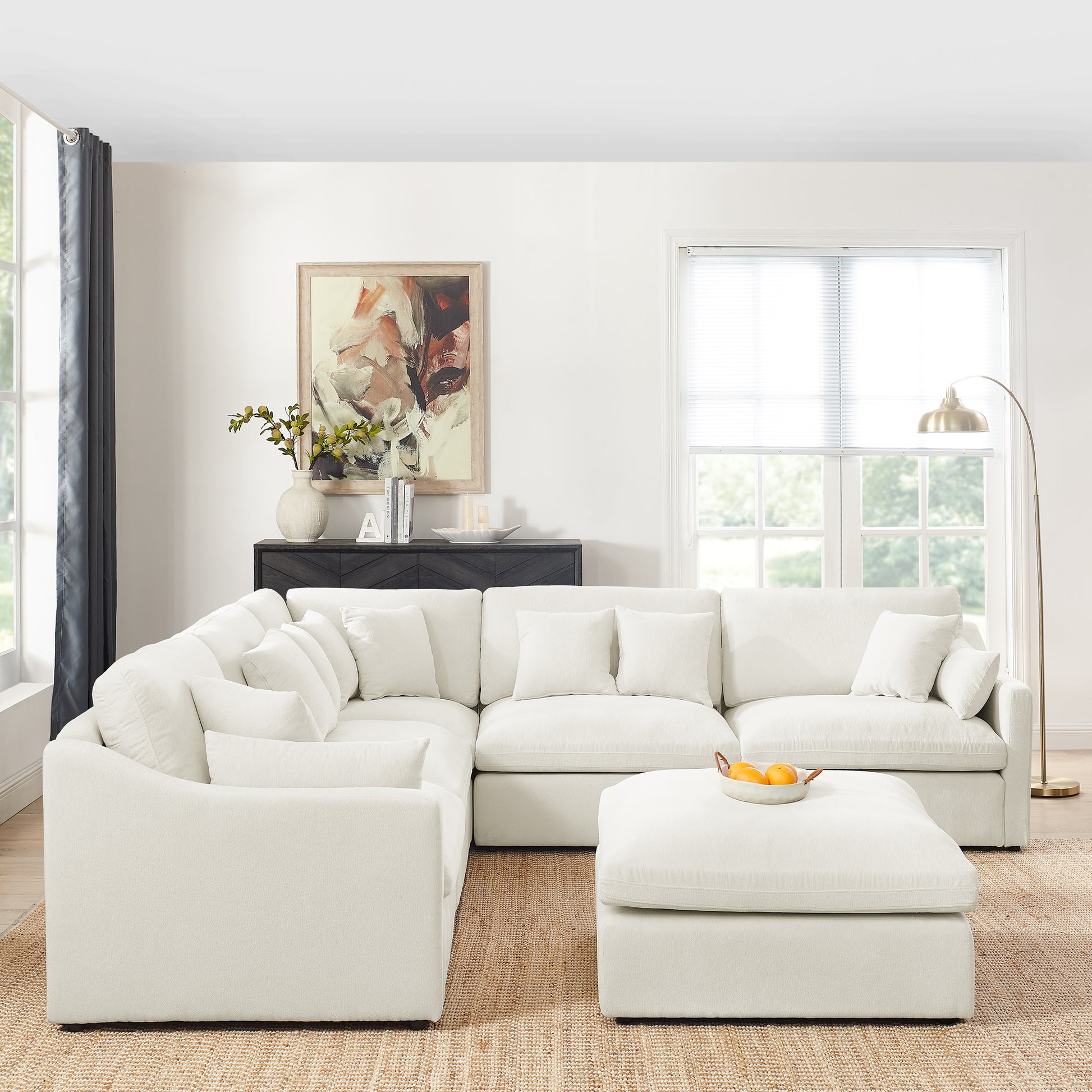 6 Seats Modular L Shaped Sectional Sofa With Ottoman,10 Pillows, Oversized Upholstered Couch W Removabled Down Filled Seat Cushion For Living Room, Chenille Beige Beige Chenille Wood Primary Living Space Soft Pillow Back Eucalyptus Square Arms Foam
