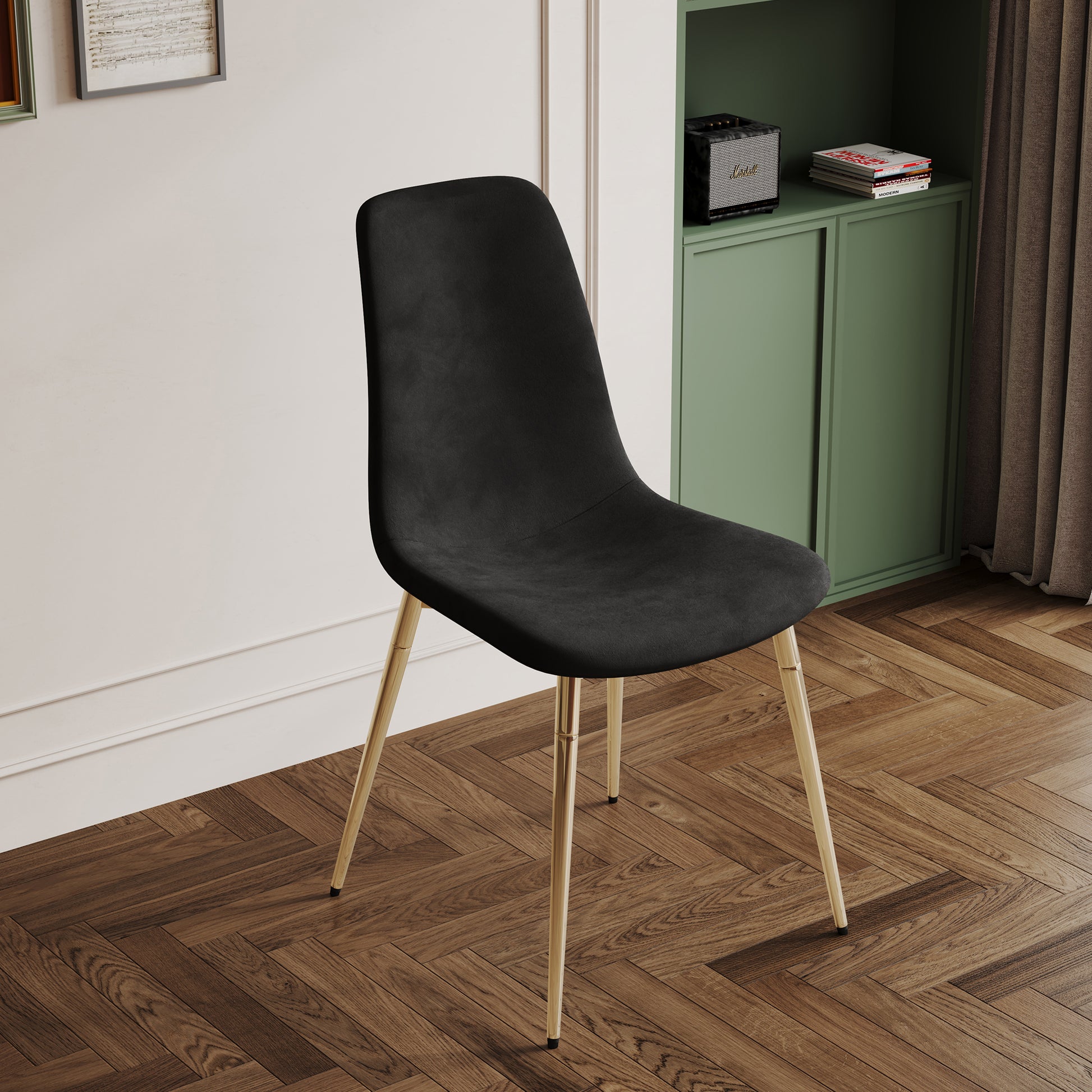 Dining Table Set Of 9, 0.32" Thick Tempered Glass Top Dining Table With Metal Legs And Eight Fabric Dining Chairs, Table Size: 62.99" L X 35.43" W X 29.92" H Gold Tempered Glass