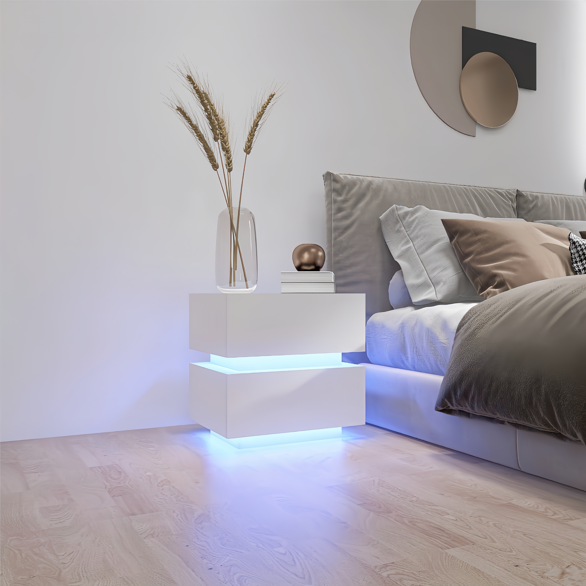 White Color High Glossy 2 Drawers Bedside Table With Rgb Led Light Nightstand With Bluetooth Control White White 2 Drawers Bedroom Drawers Lacquer Melamine