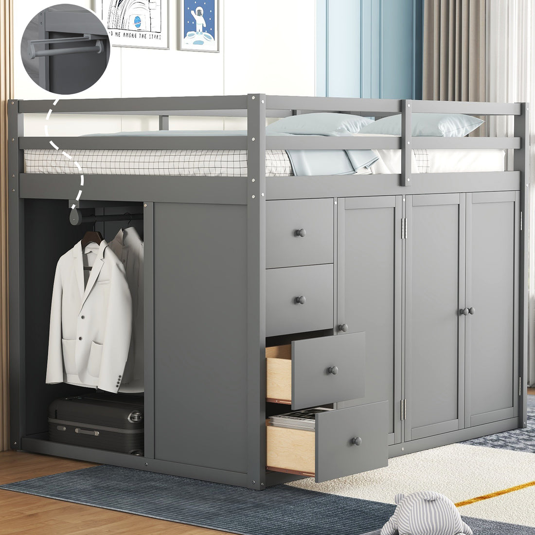 Full Size Wood Loft Bed With Built In Wardrobes, Cabinets And Drawers, Gray Gray Solid Wood Mdf