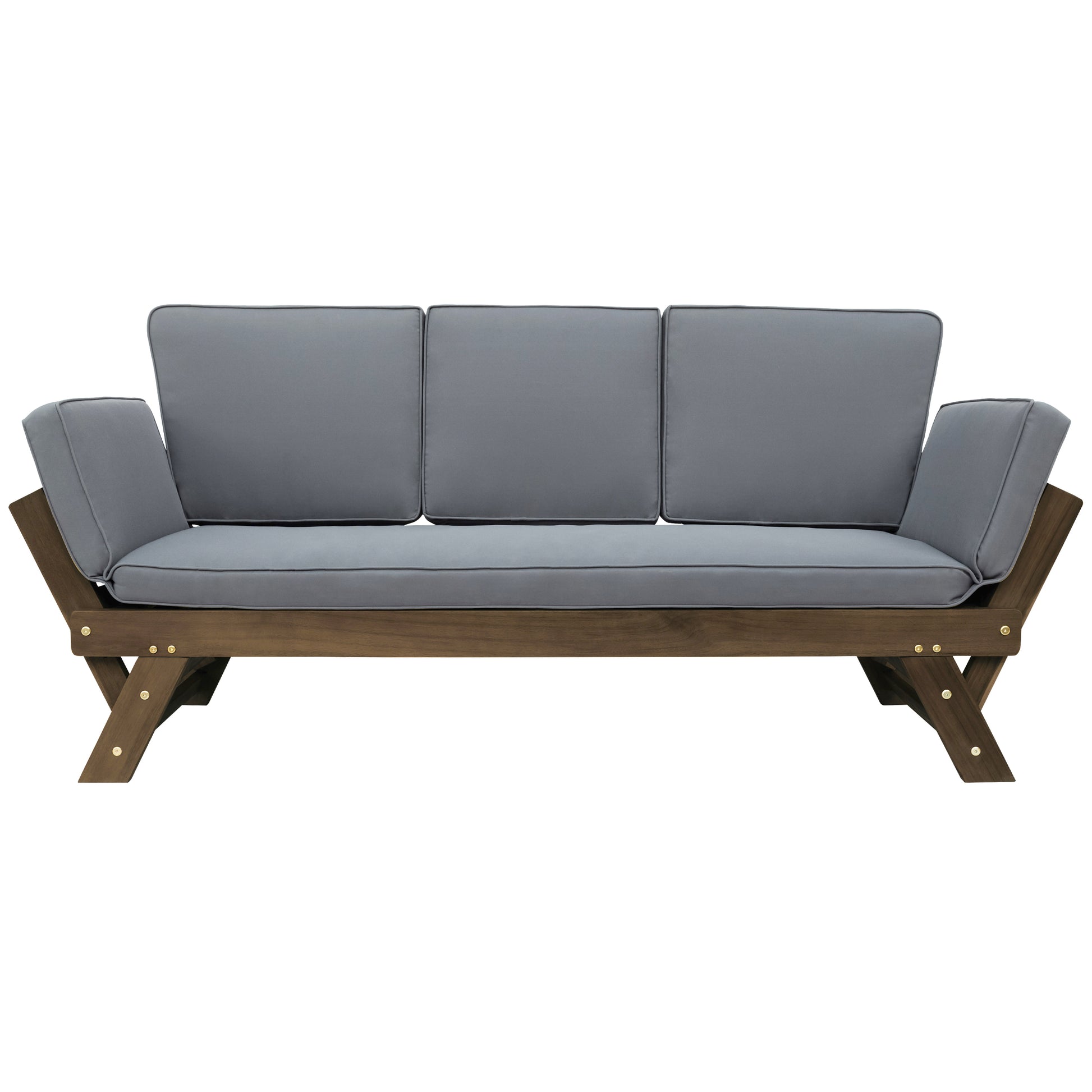 Outdoor Adjustable Patio Wooden Daybed Sofa Chaise Lounge With Cushions For Small Places, Brown Finish Gray Cushion Yes Complete Patio Set Gray Water Resistant Frame Water Resistant Cushion Garden & Outdoor Casual Sofa Seating Groups Foam Solid Wood
