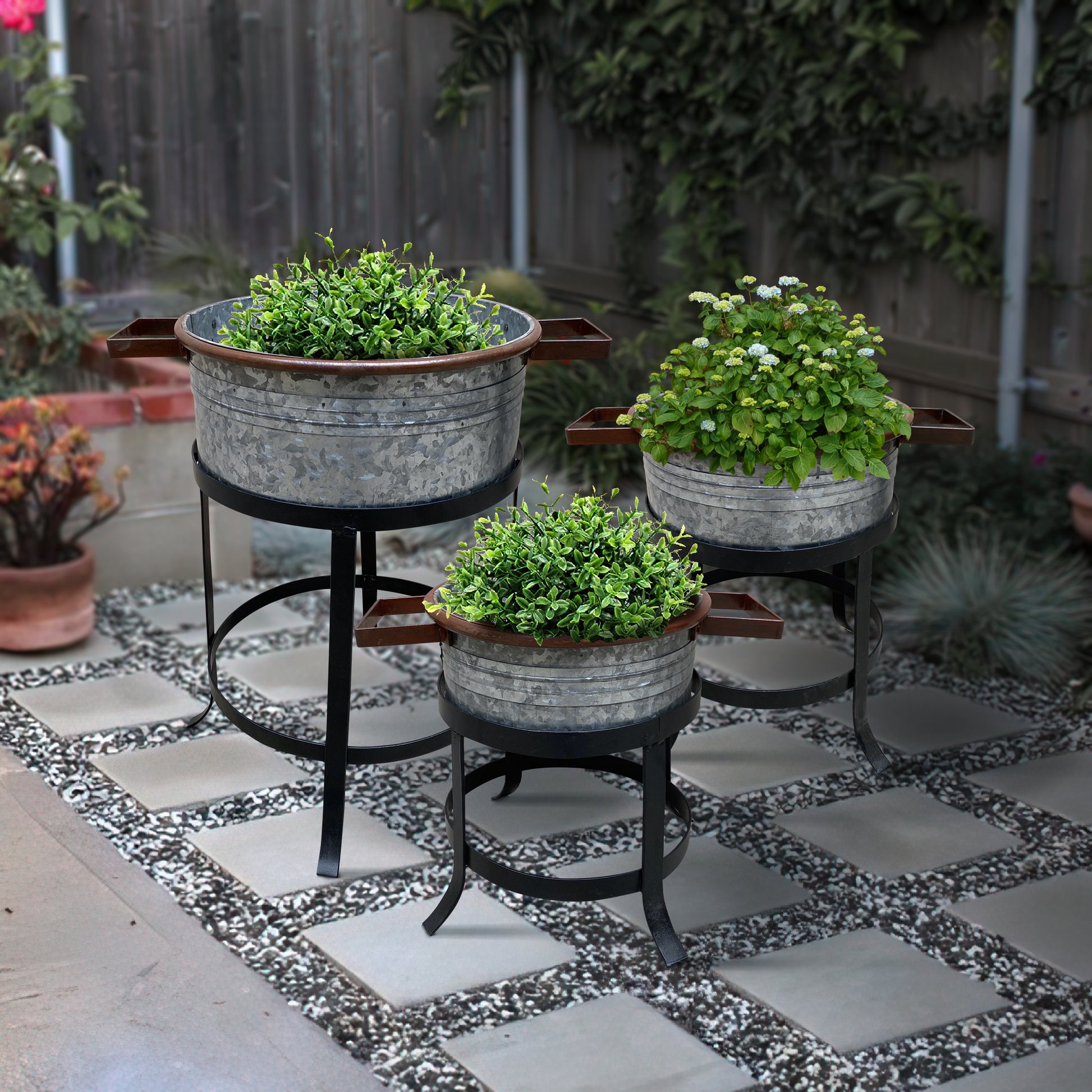 21, 18, And 16 Inch 3 Piece Round Tub Metal Planter Set With Stand In Galvanized Gray And Black Iron Black Gray Iron