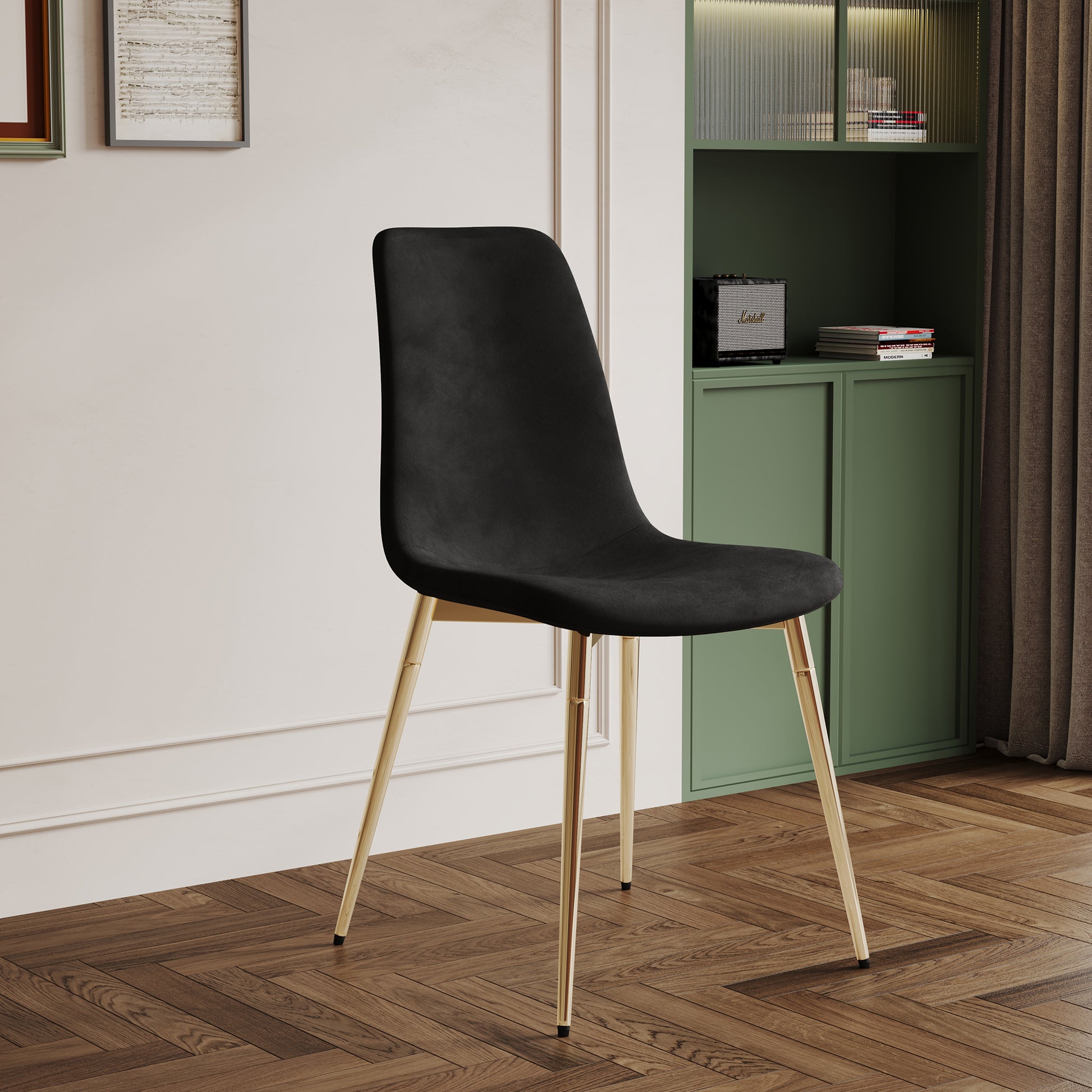 Dining Table Set Of 9, 0.32" Thick Tempered Glass Top Dining Table With Metal Legs And Eight Fabric Dining Chairs, Table Size: 62.99" L X 35.43" W X 29.92" H Gold Tempered Glass