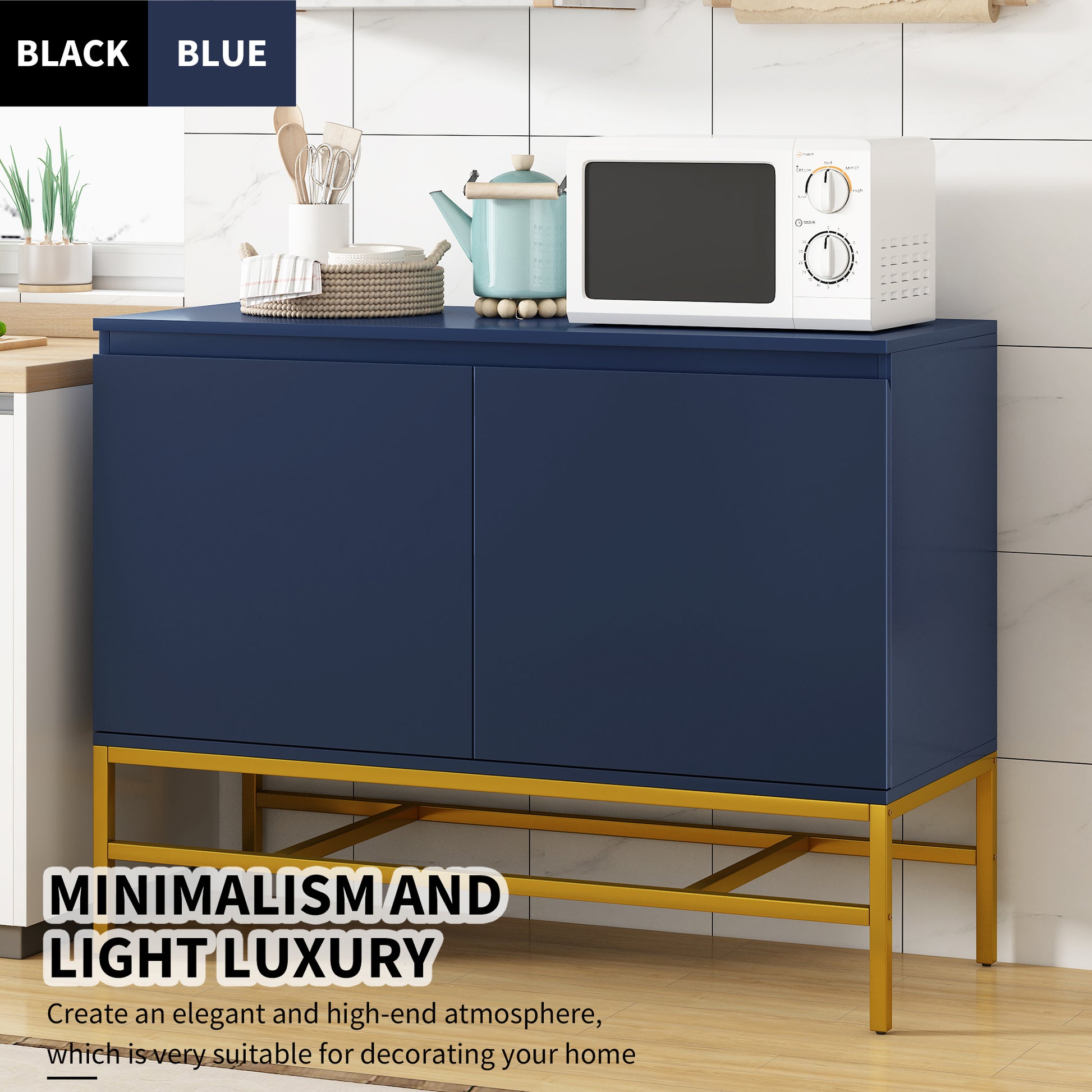 Minimalist & Luxury Cabinet Two Door Sideboard With Gold Metal Legs For Living Room, Dining Room Navy Navy Particle Board