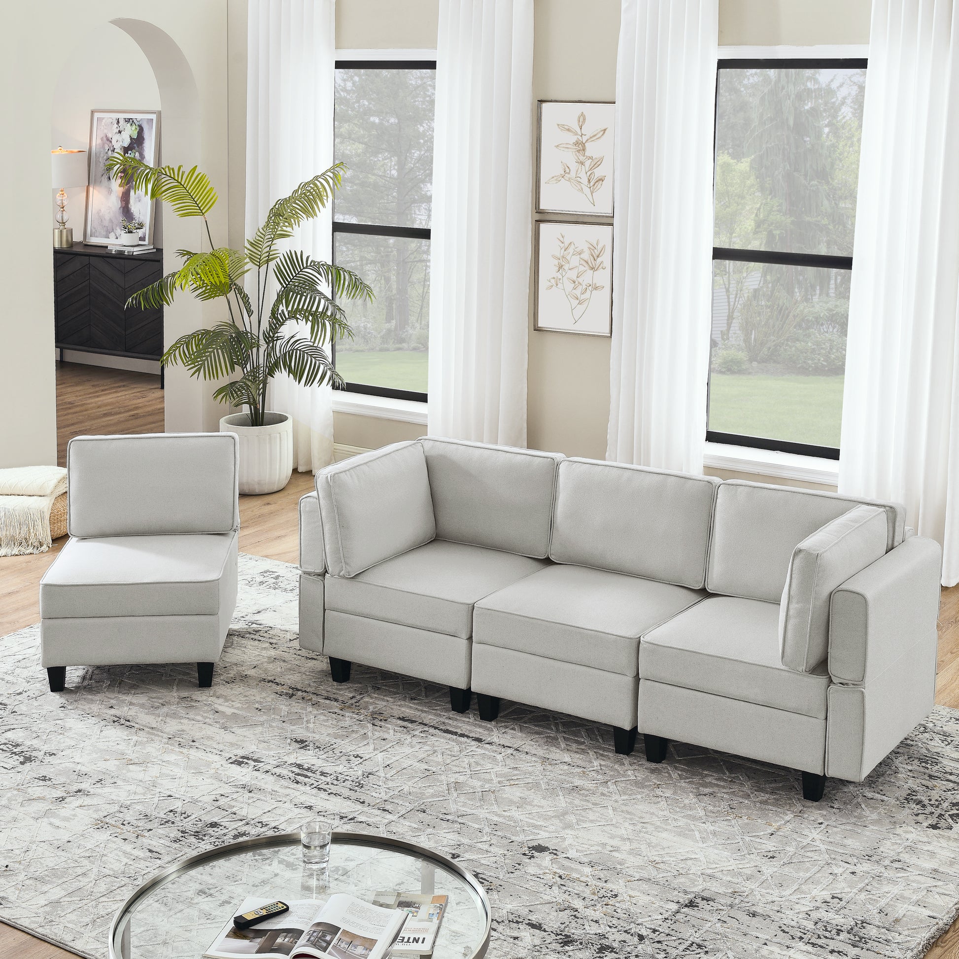 110.2"*78.7" Linen Modular Sectional Sofa,U Shaped Couch With Adjustable Armrests And Backrests,6 Seat Reversible Sofa Bed With Storage Seats For Living Room, Apartment,Grey White Color Gray White Matte Linen Wood Primary Living Space Medium Soft Cushion