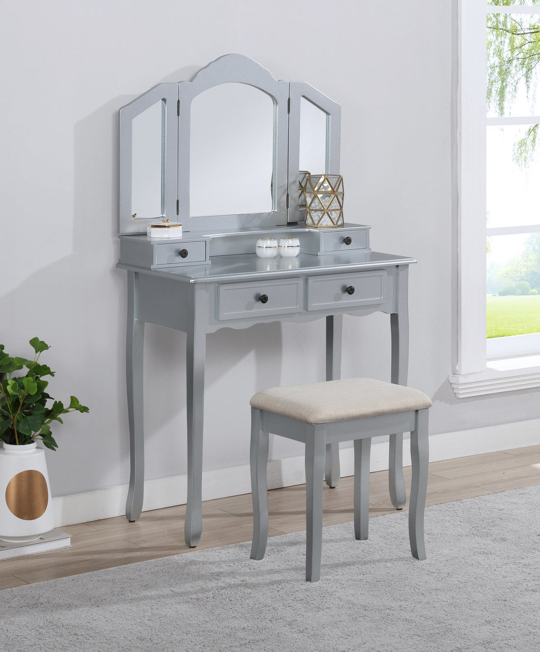 Sanlo Wooden Vanity Make Up Table And Stool Set, Silver Silver Wood