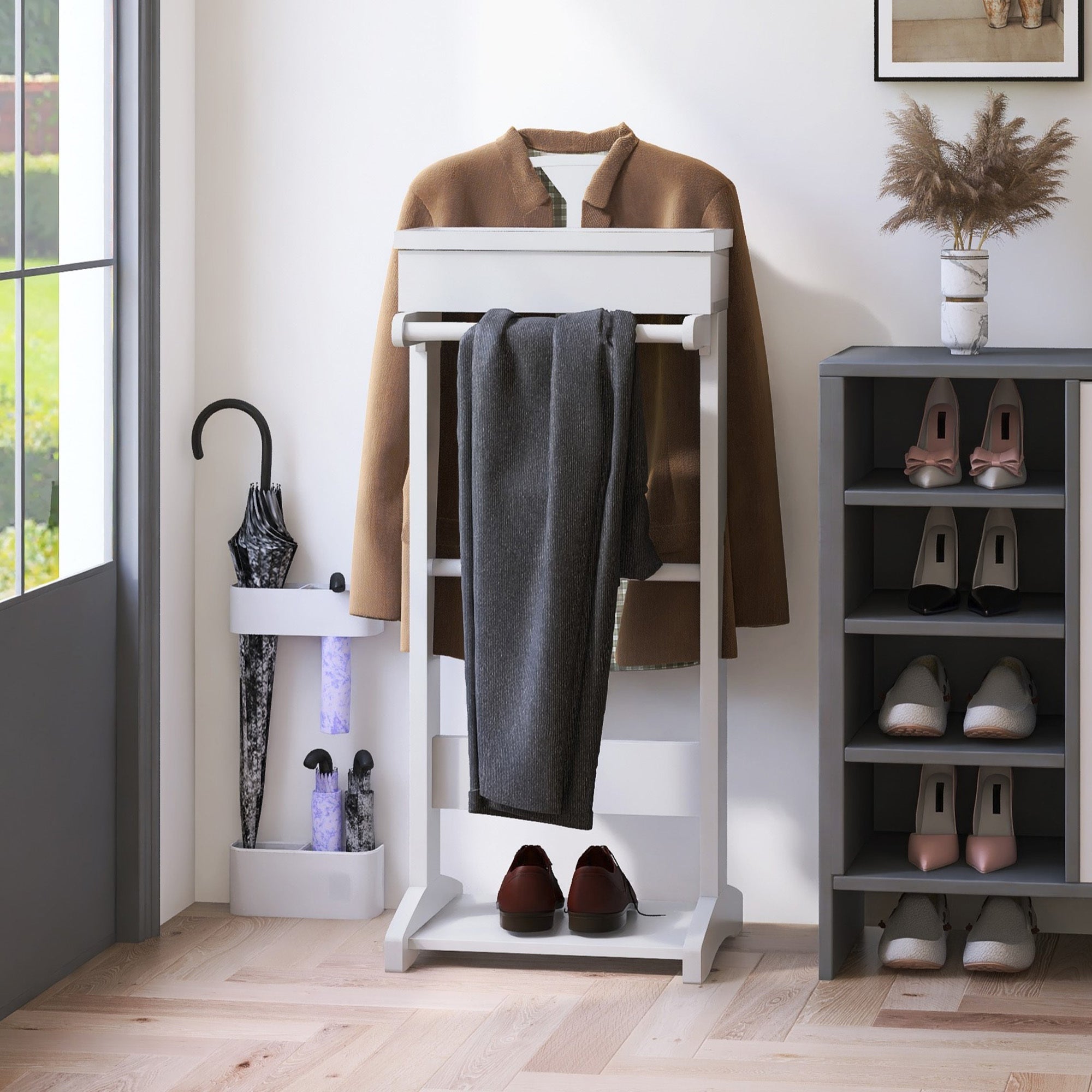Floor standing suit hanger, multifunctional clothes white-mdf