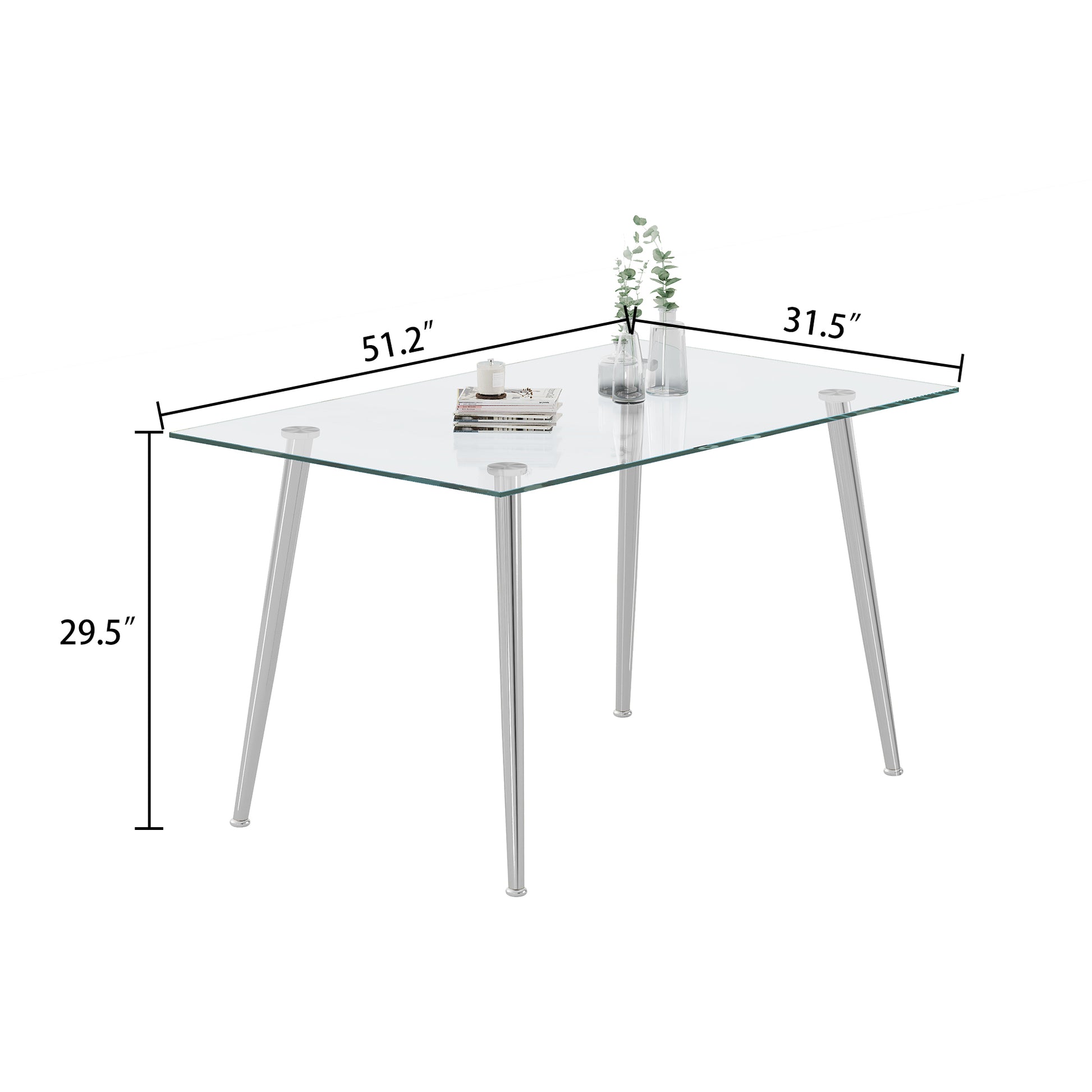 Dining Table Set Of 5, 0.32" Thick Tempered Glass Top Dining Table With Metal Legs And Four Fabric Dining Chairs, Table Size: 51.18" L X 31.50" W X 29.53" H Silver Tempered Glass