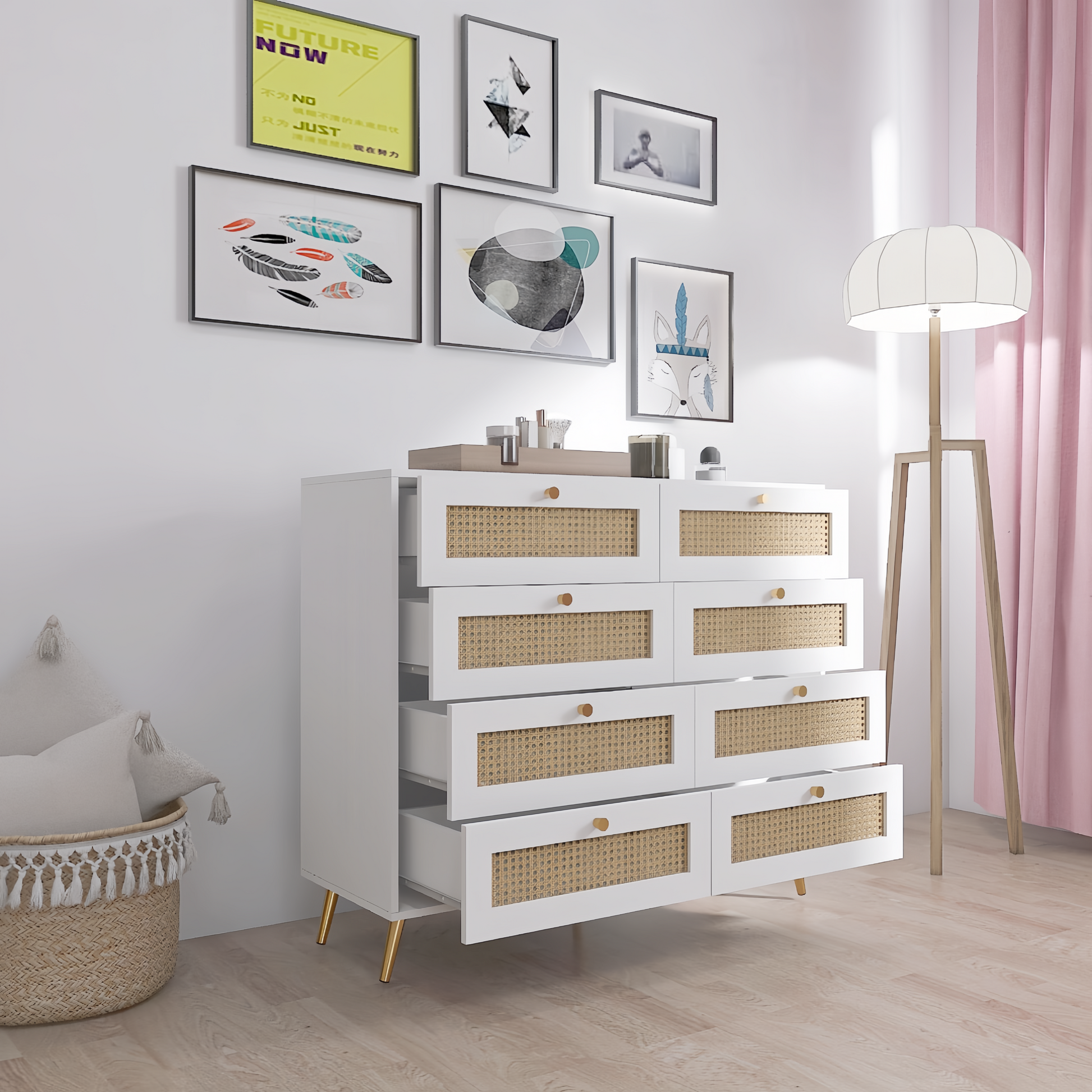 White Color 8 Drawers Chest Of Drawers With Rattan Drawer Face Golden Legs And Handles White White Bedroom Rosewood Wood Rattan