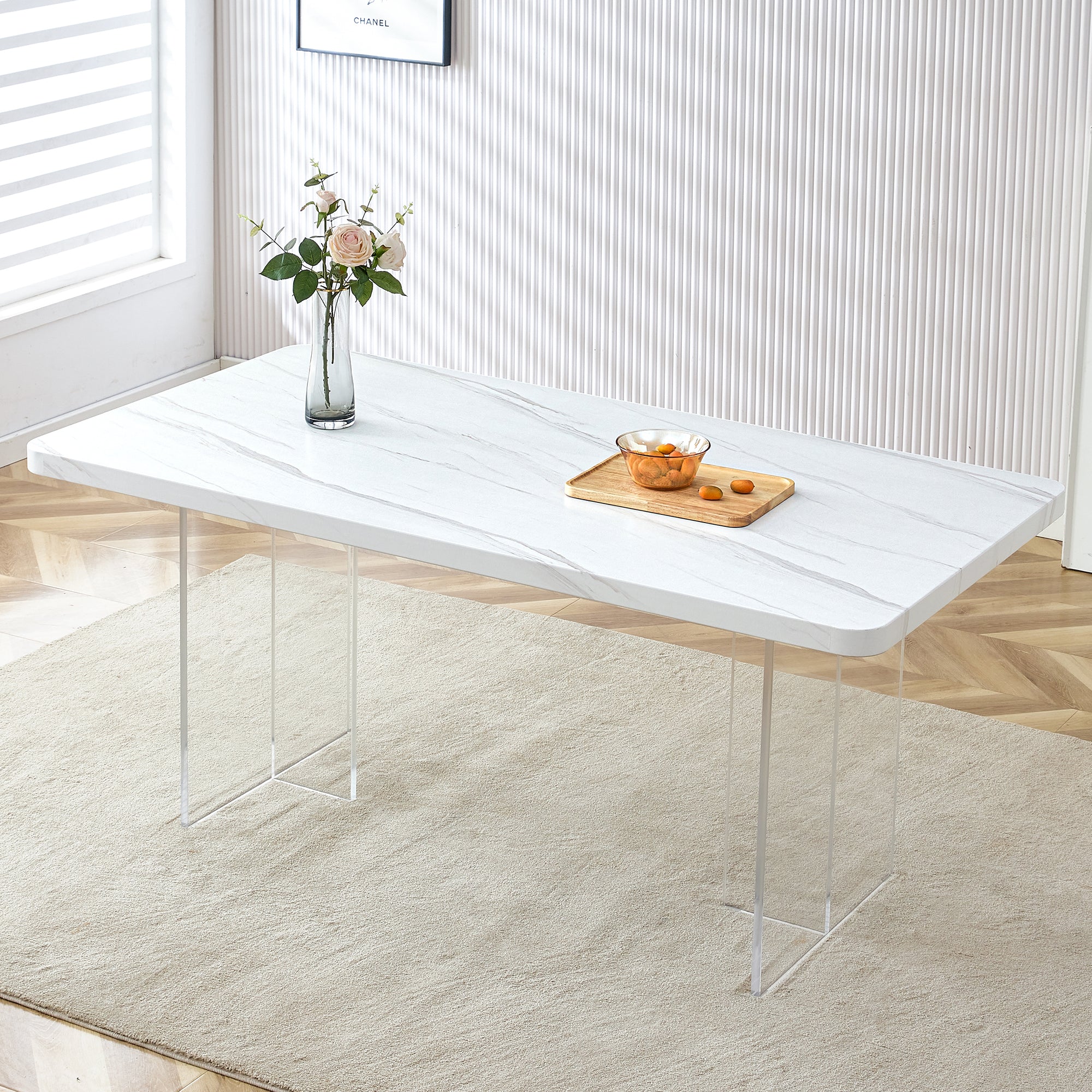 Modern Minimalist White Dining Table, Striped Mdf Tabletop, Acrylic Table Legs. Computer Desk. Dining Table. Suitable For Restaurants, Living Rooms, And Kitchens. F 1298 White Mdf