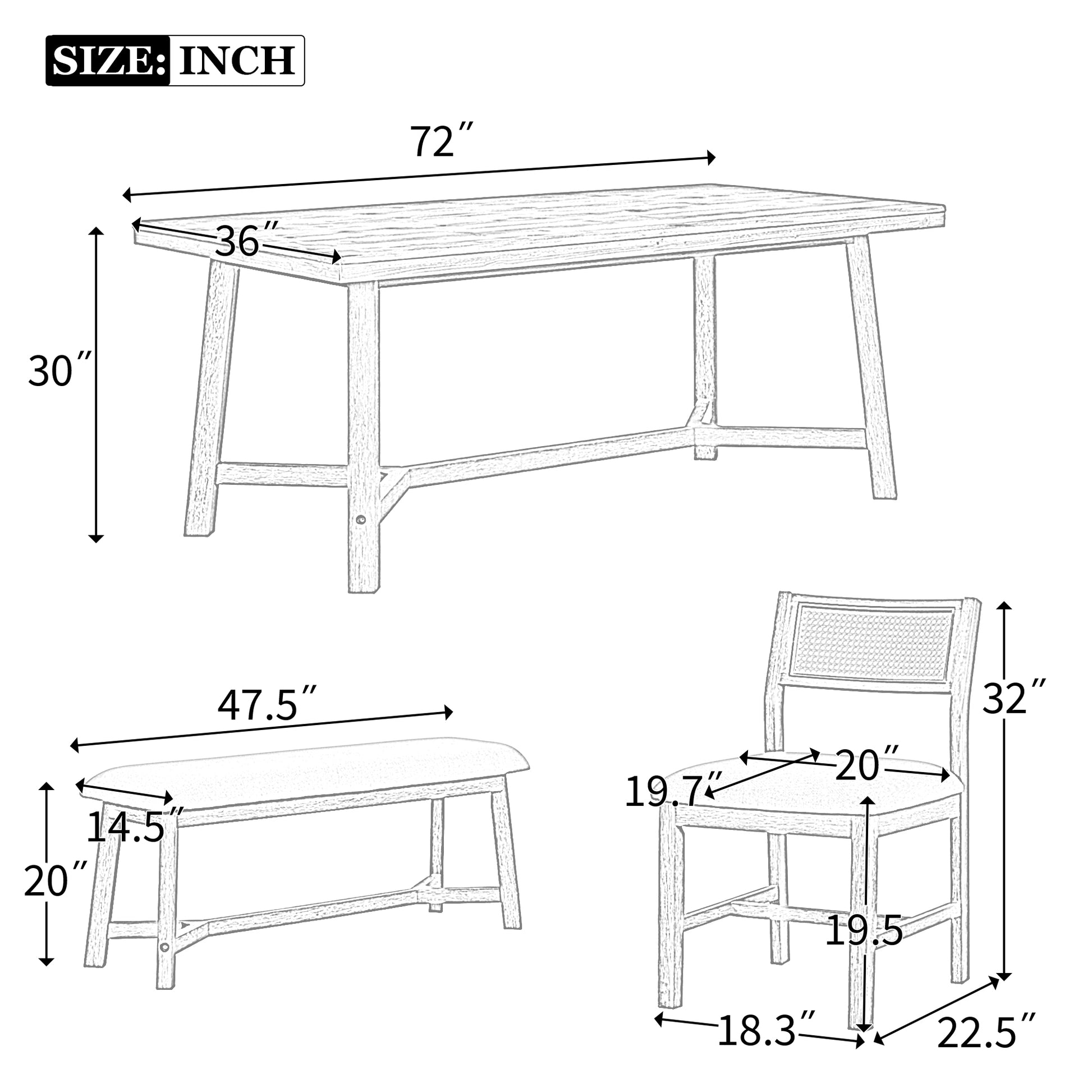 6 Piece Retro Farmhouse Style Dining Set, Rectangular Table And 4 Upholstered Chairs With Rattan And Bench For Dining Room And Kitchen Natural Wood Wash Natural Wood Wash Solid Wood Mdf