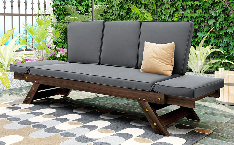 Outdoor Adjustable Patio Wooden Daybed Sofa Chaise Lounge With Cushions For Small Places, Brown Finish Gray Cushion Yes Complete Patio Set Gray Water Resistant Frame Water Resistant Cushion Garden & Outdoor Casual Sofa Seating Groups Foam Solid Wood