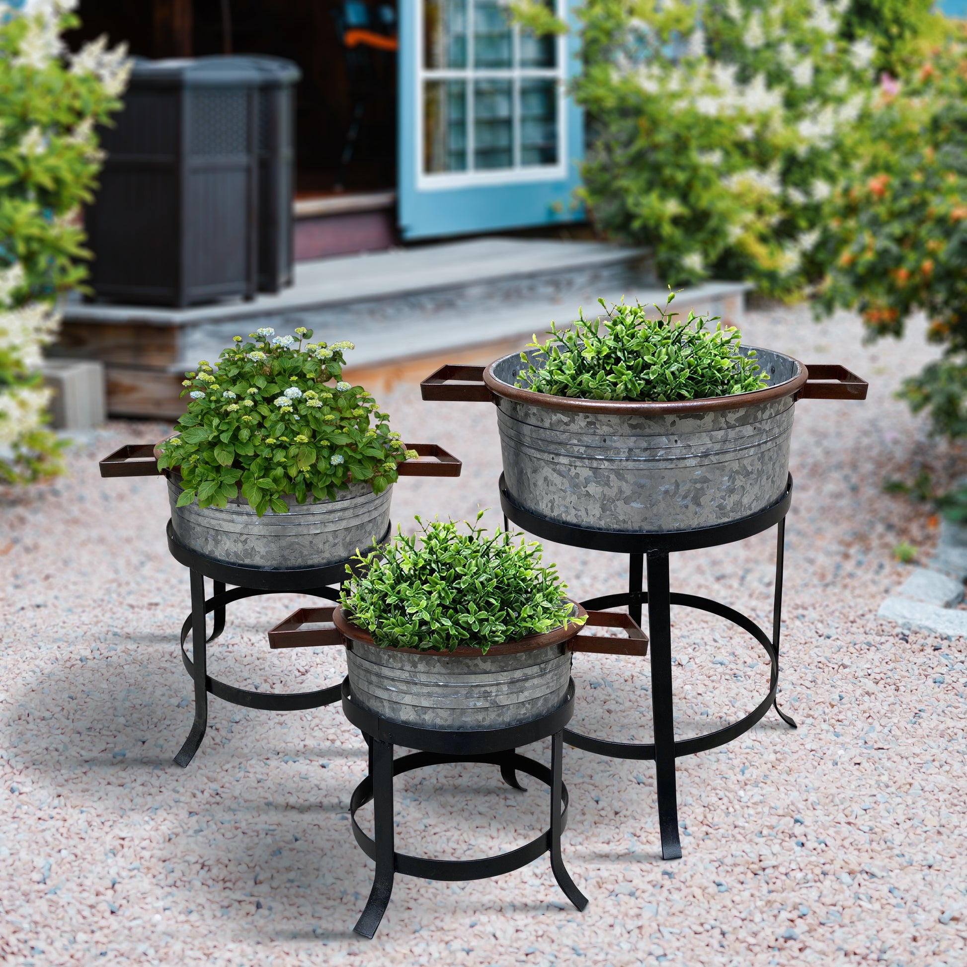 21, 18, And 16 Inch 3 Piece Round Tub Metal Planter Set With Stand In Galvanized Gray And Black Iron Black Gray Iron